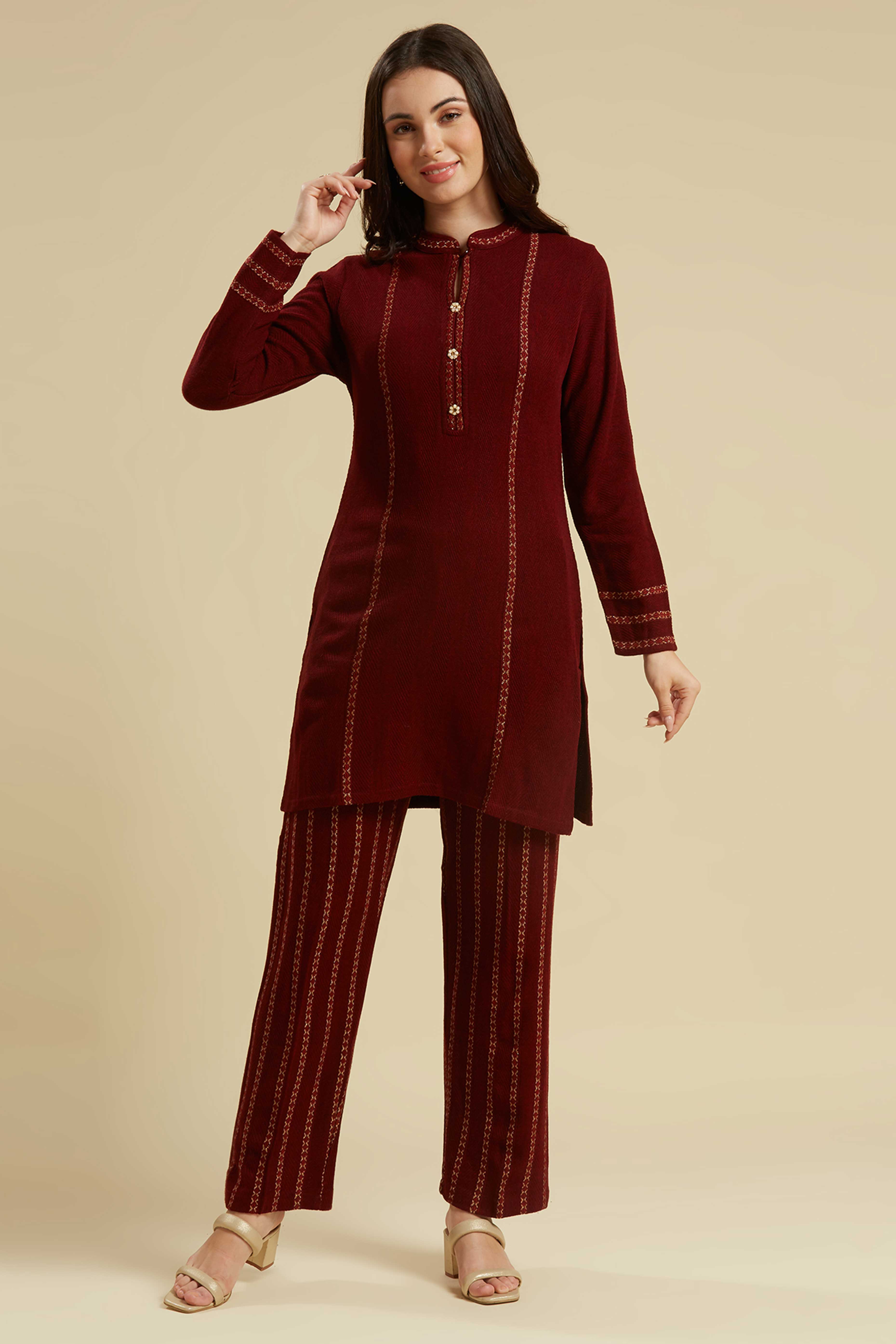 Maroon Woven Woolen Straight Top Bottom Set