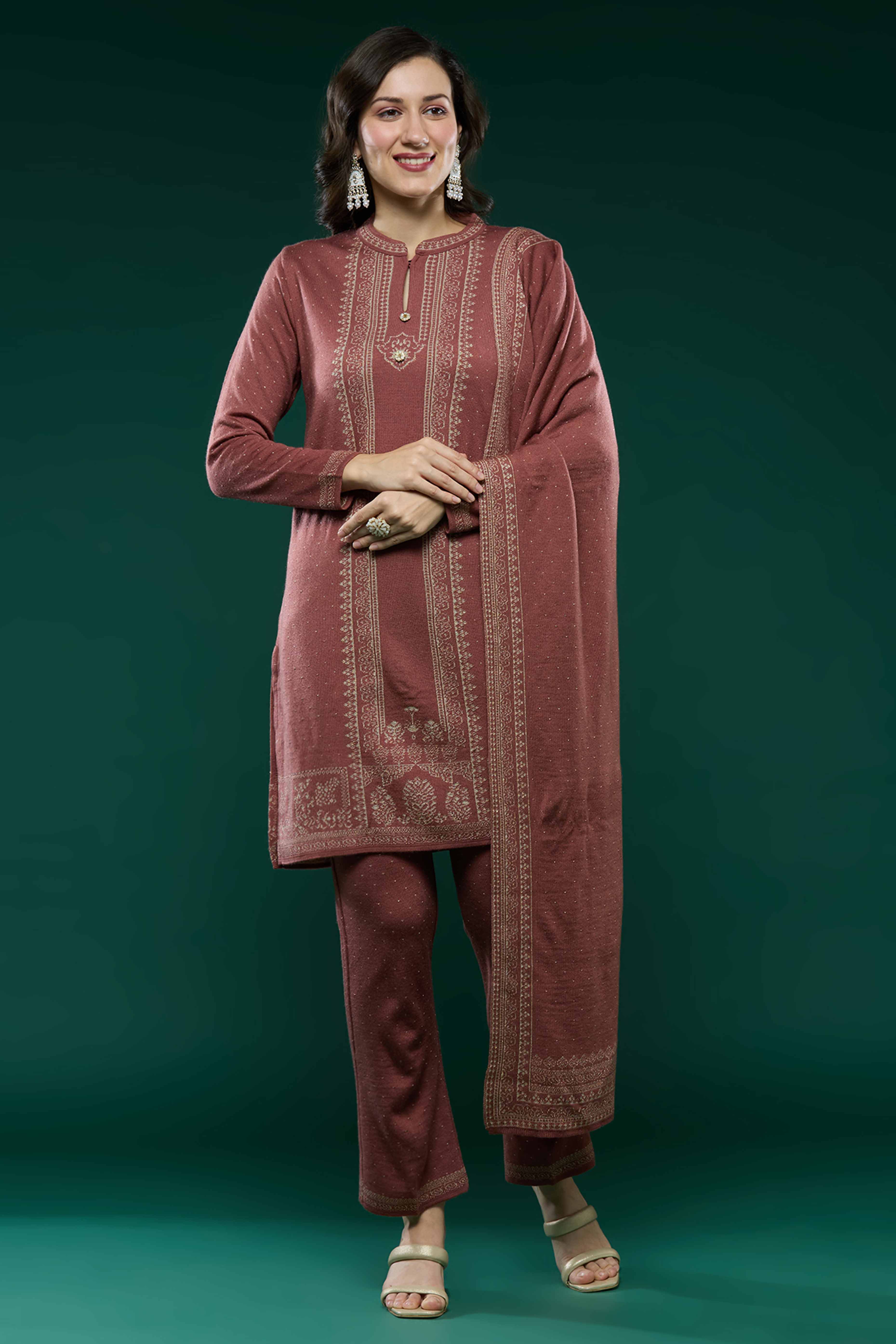 Mauve Woven Woolen Straight Salwar Suit