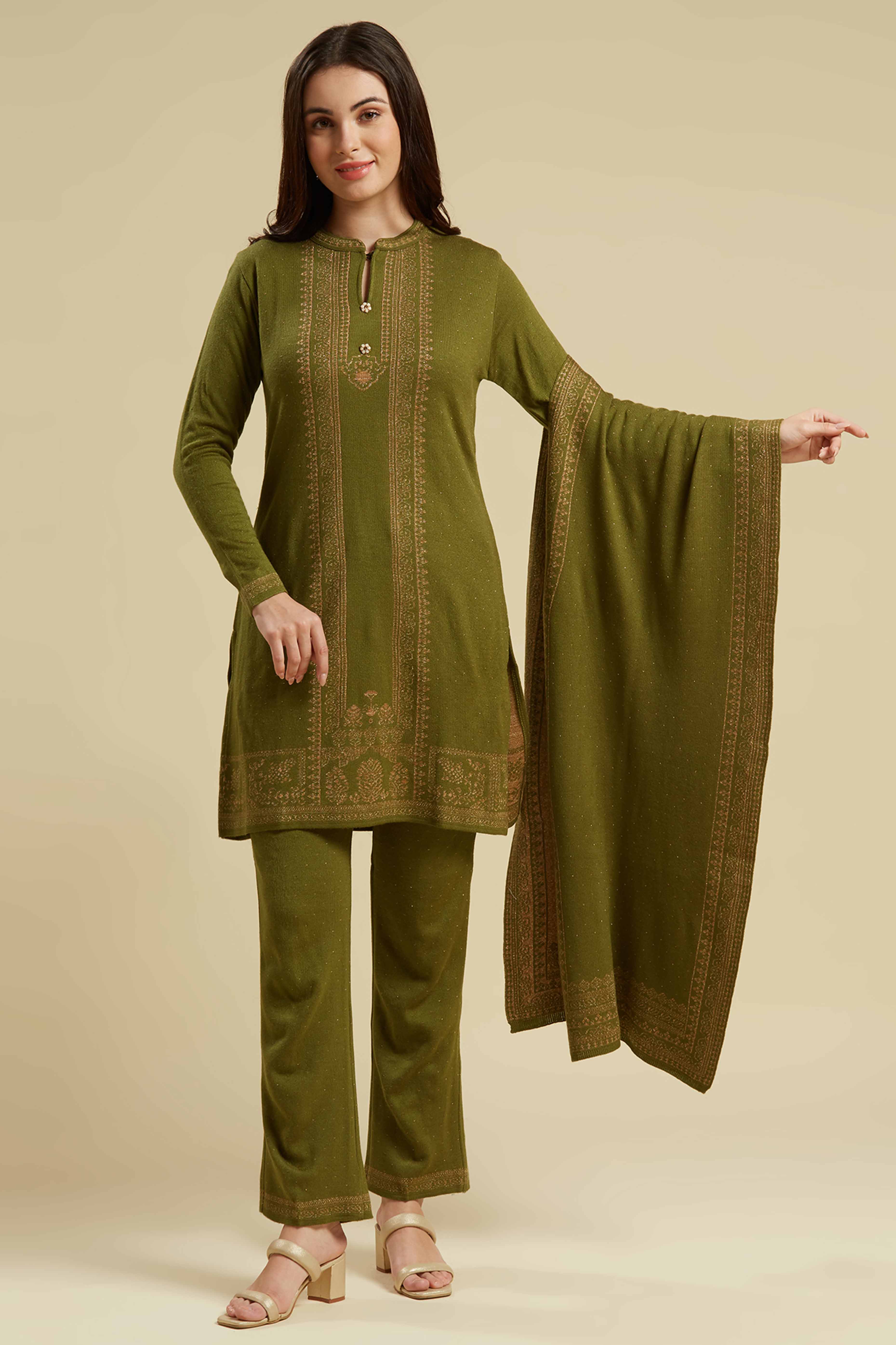 Olive Woven Woolen Straight Salwar Suit