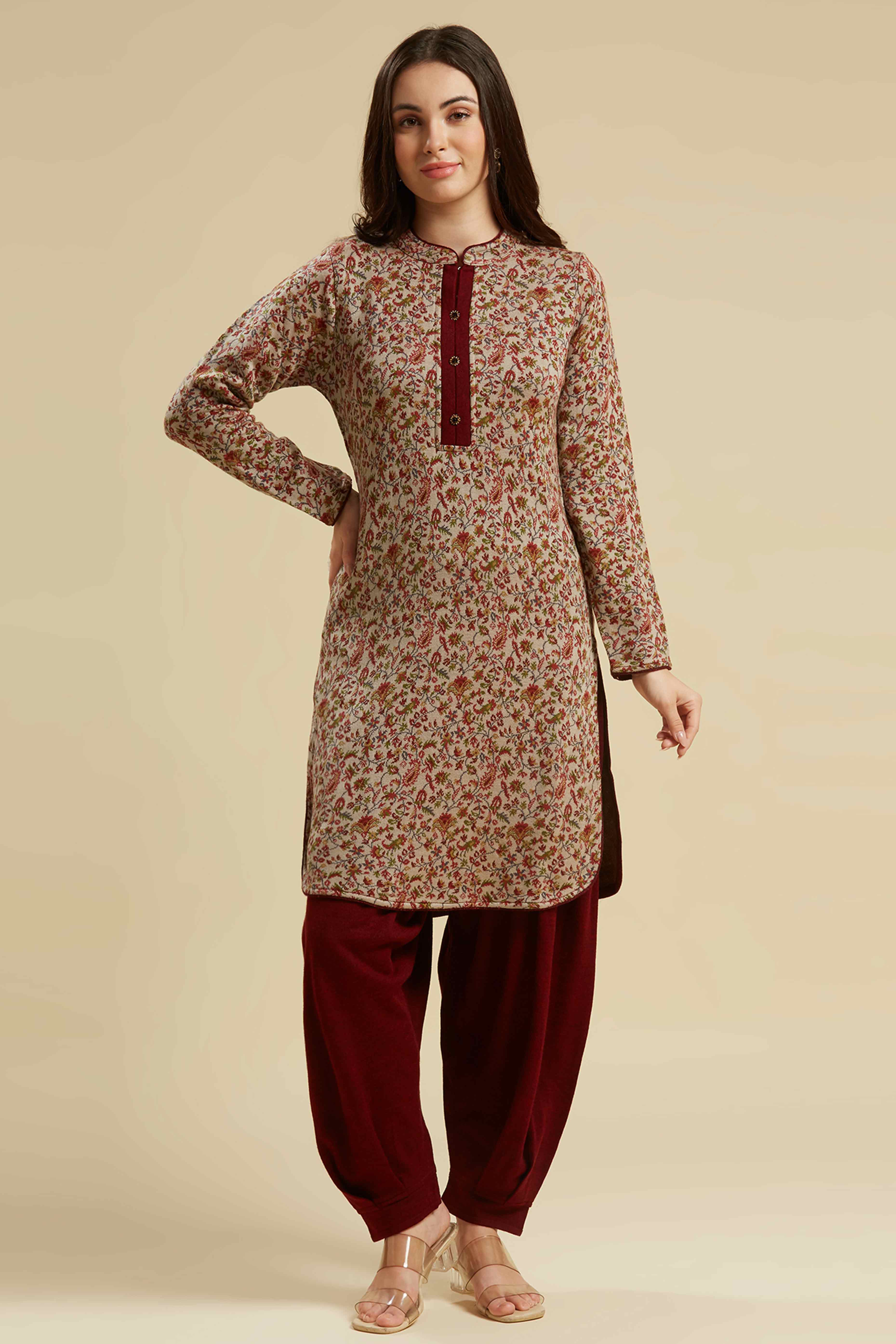 Chikoo Woven Woolen Straight Top Bottom Set