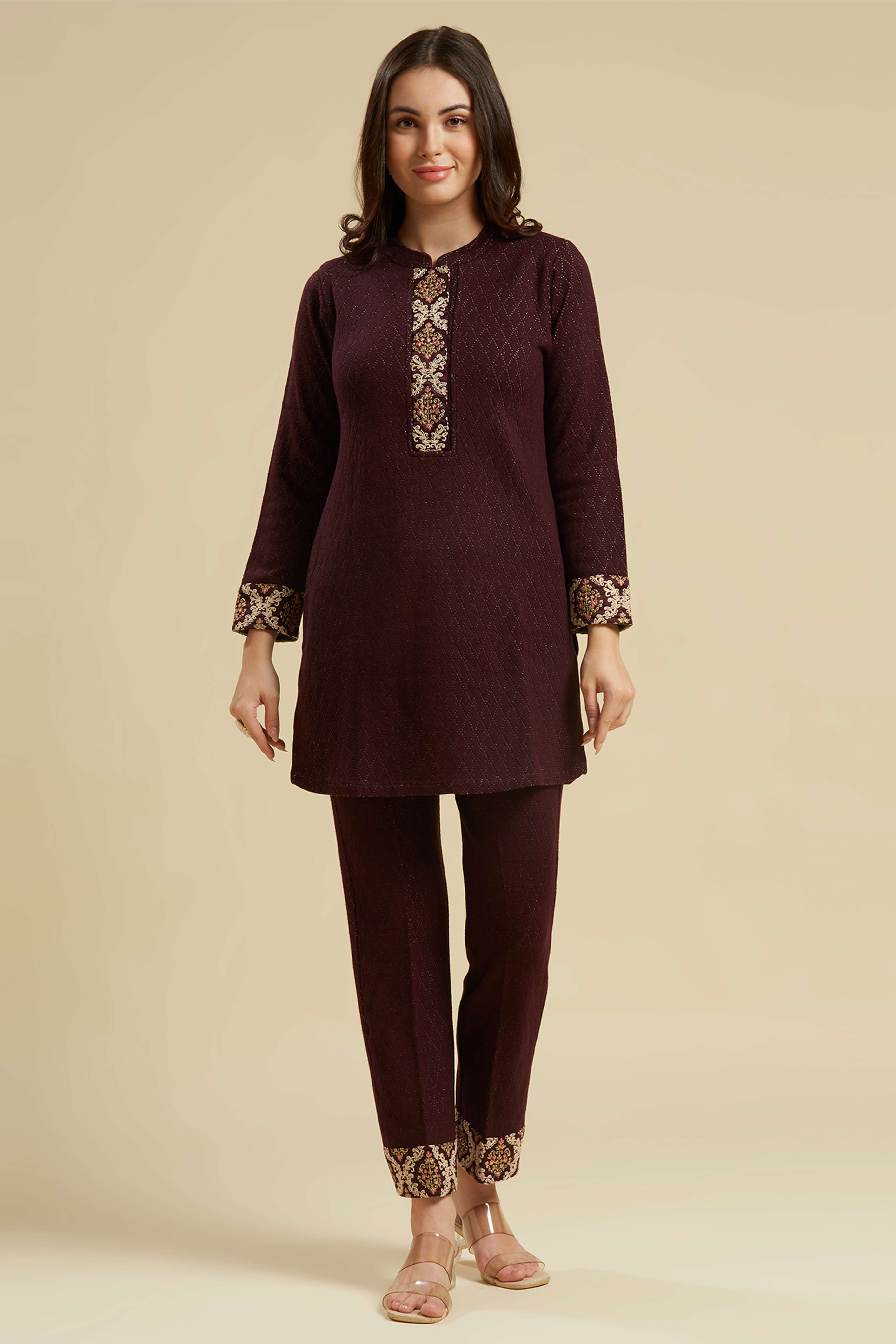 Wine Woven Woolen Straight Top Bottom Set