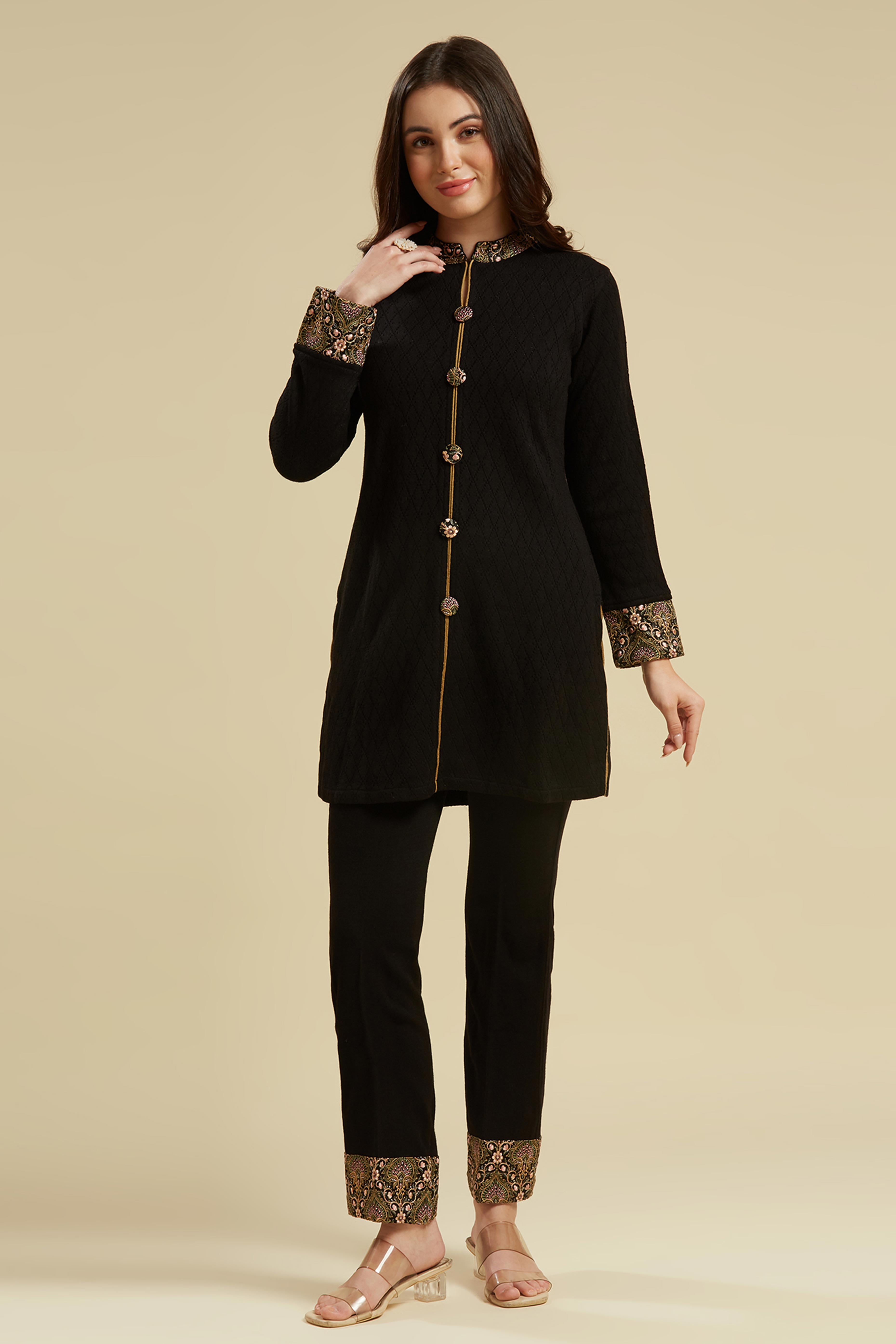 Black Woven Woolen Front Slit Top Bottom Set