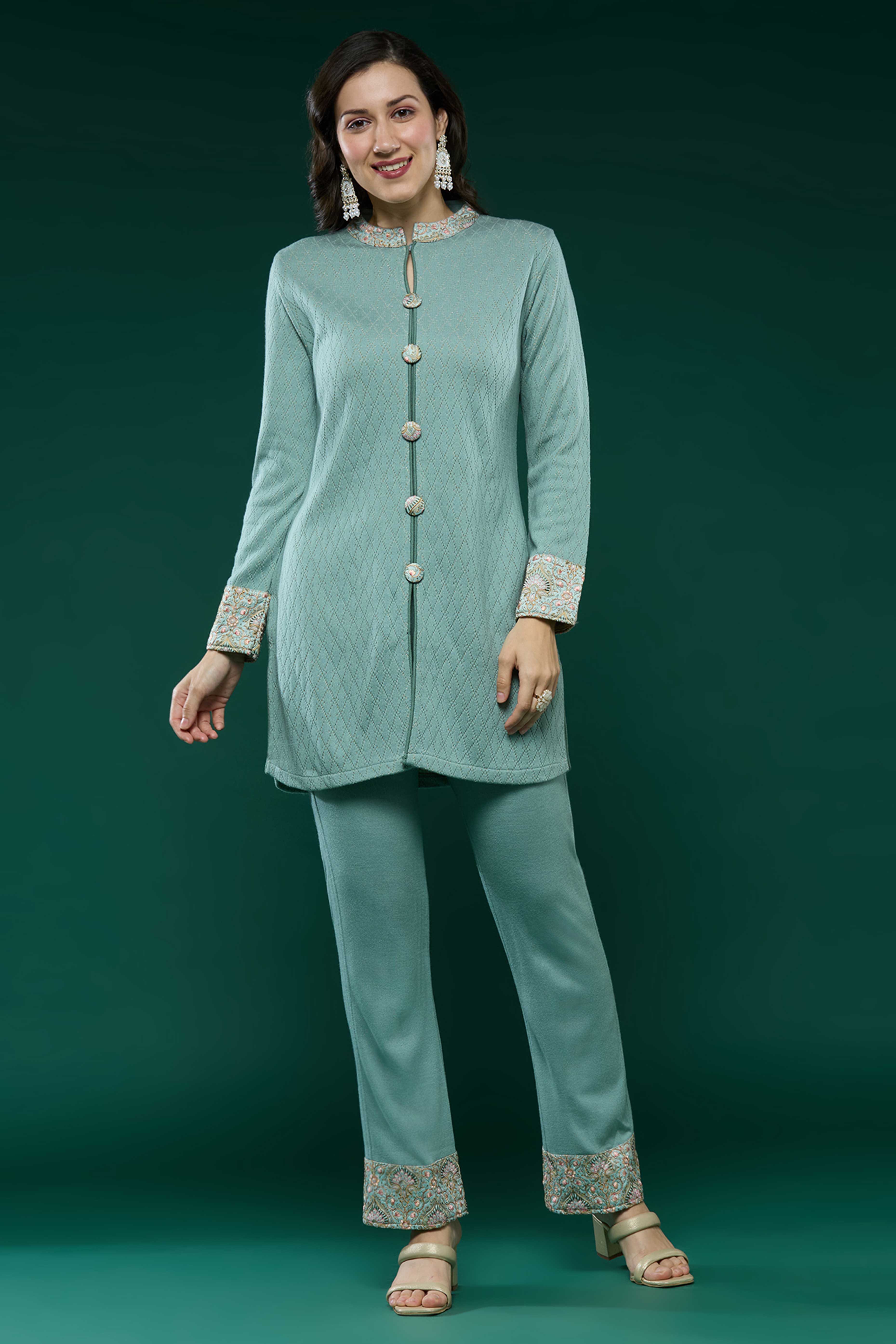 Pista Green Woven Woolen Front Slit Top Bottom Set