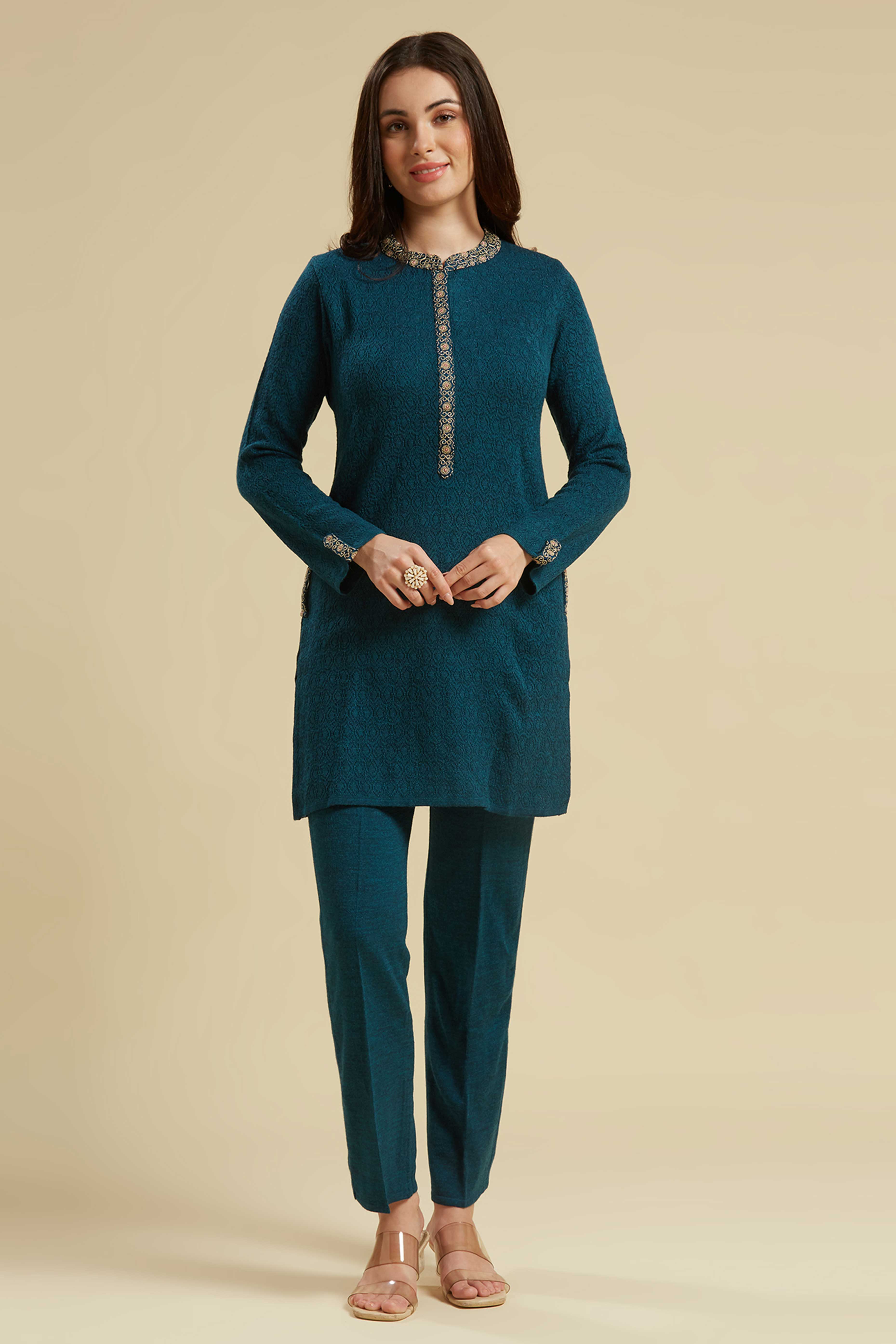 Teal Woven Woolen Straight Top Bottom Set