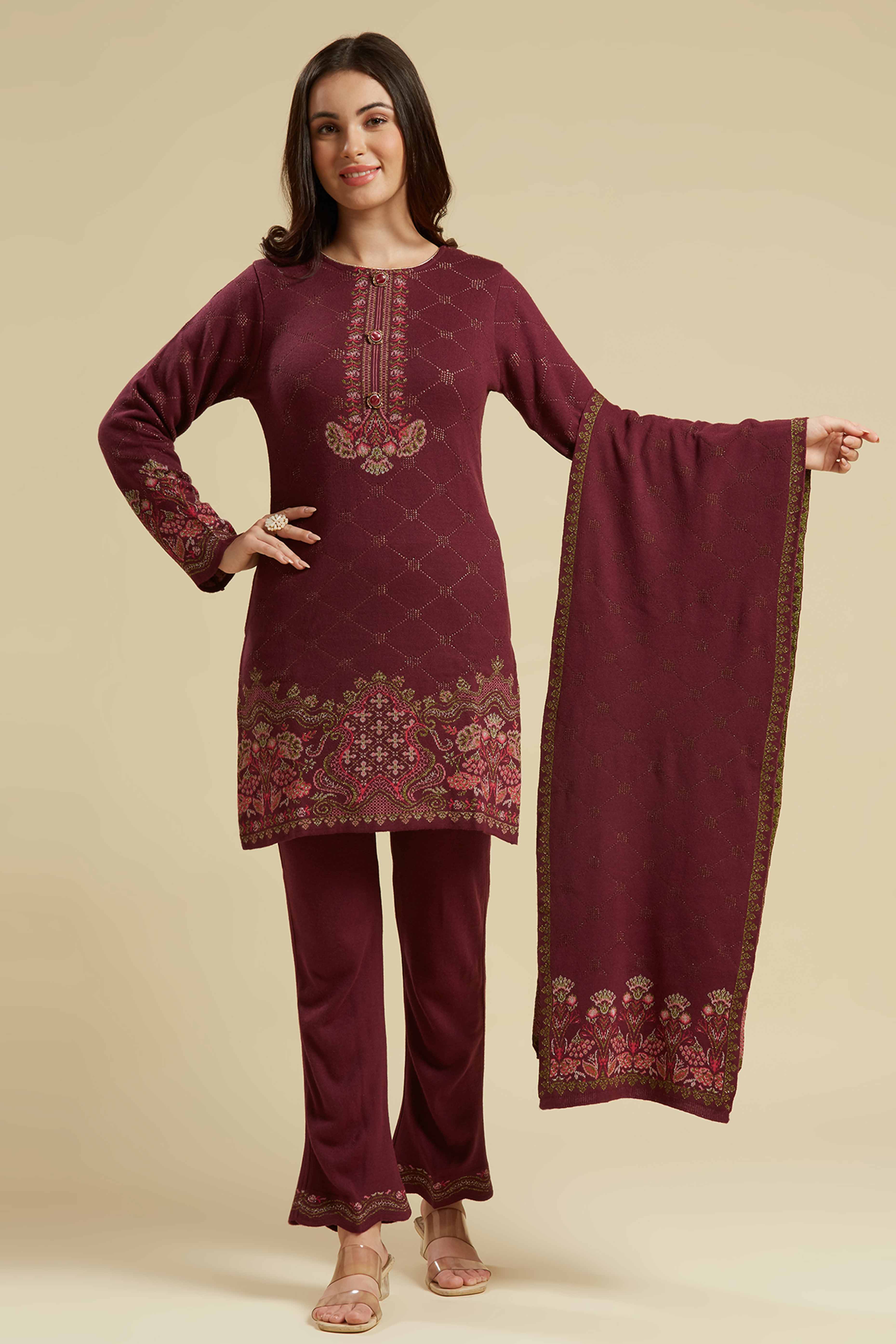 Wine Woven Woolen Straight Salwar Suit