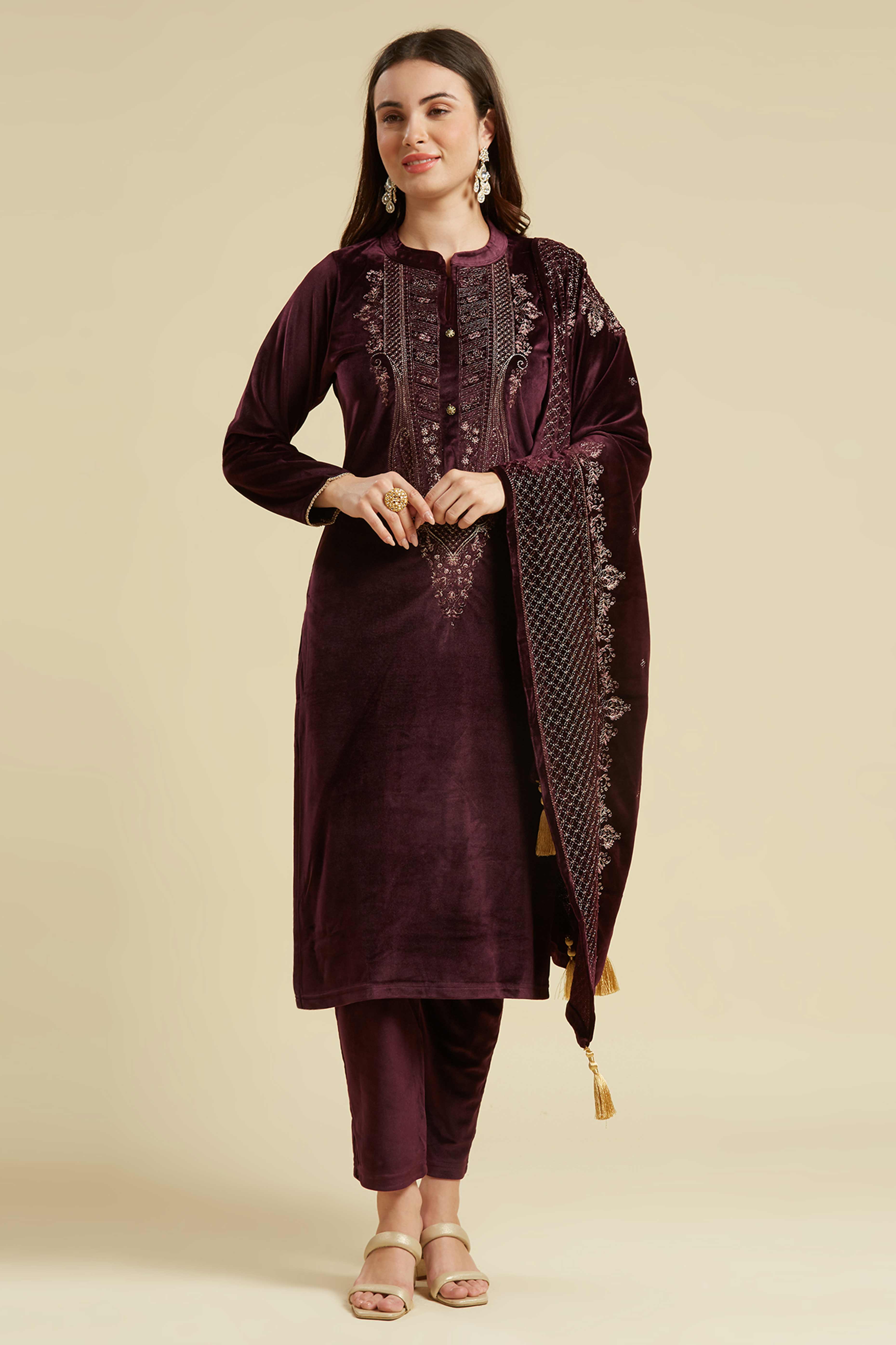 Wine Embroidered Woolen Straight Salwar Suit