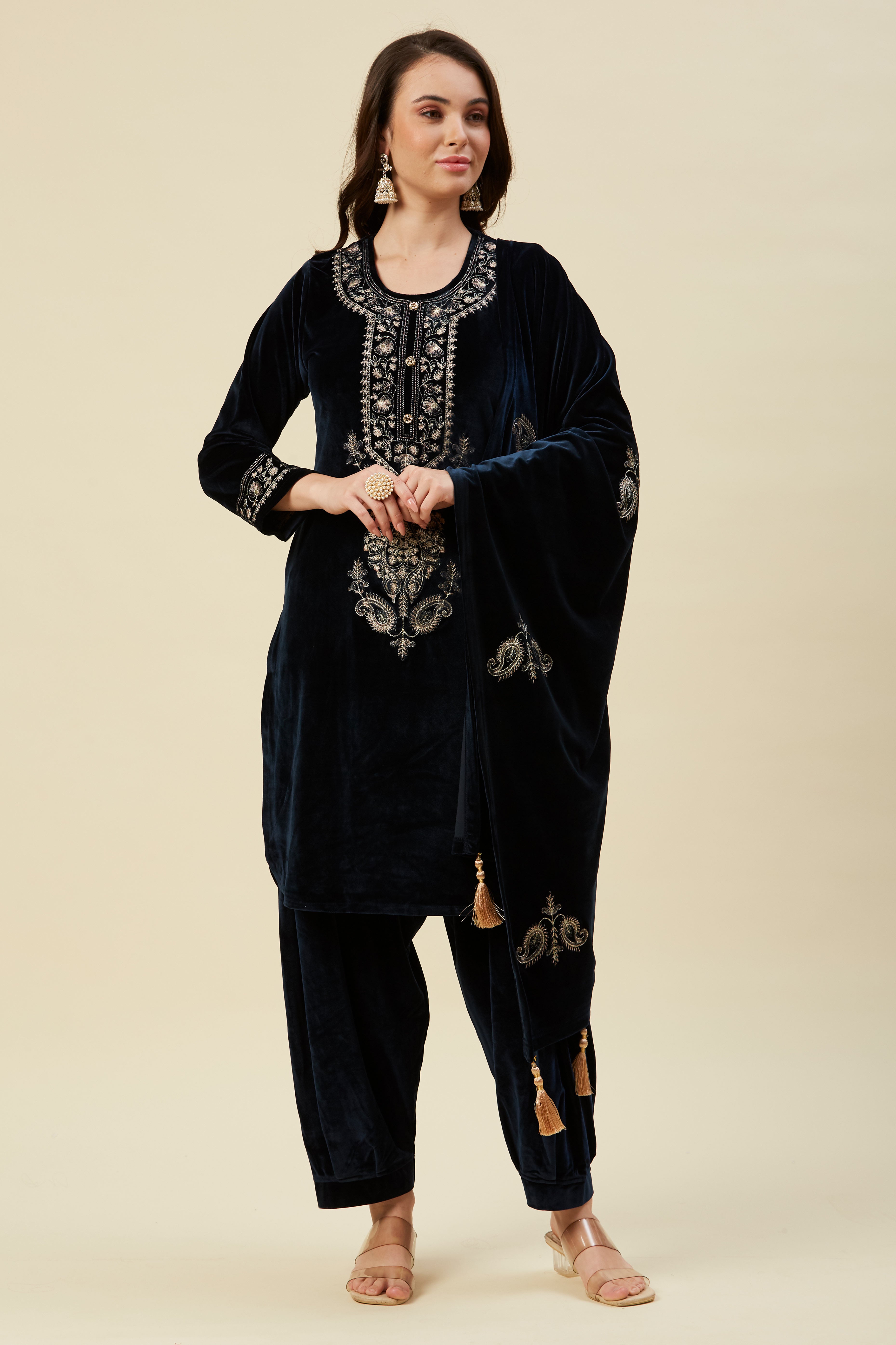 Navy Blue Embroidered Velvet Straight Salwar Suit