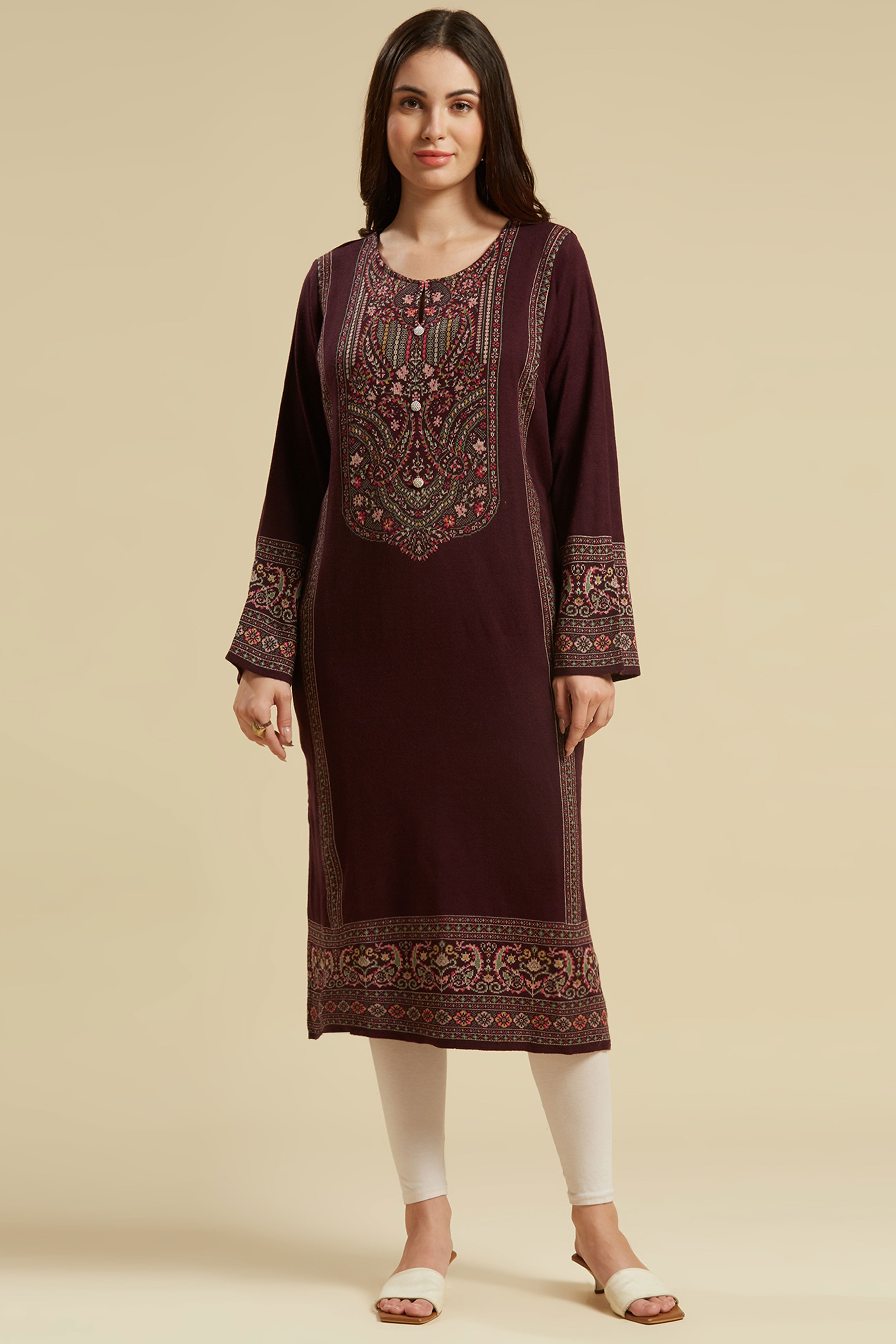 Wine Woven Woolen Straight Kurti