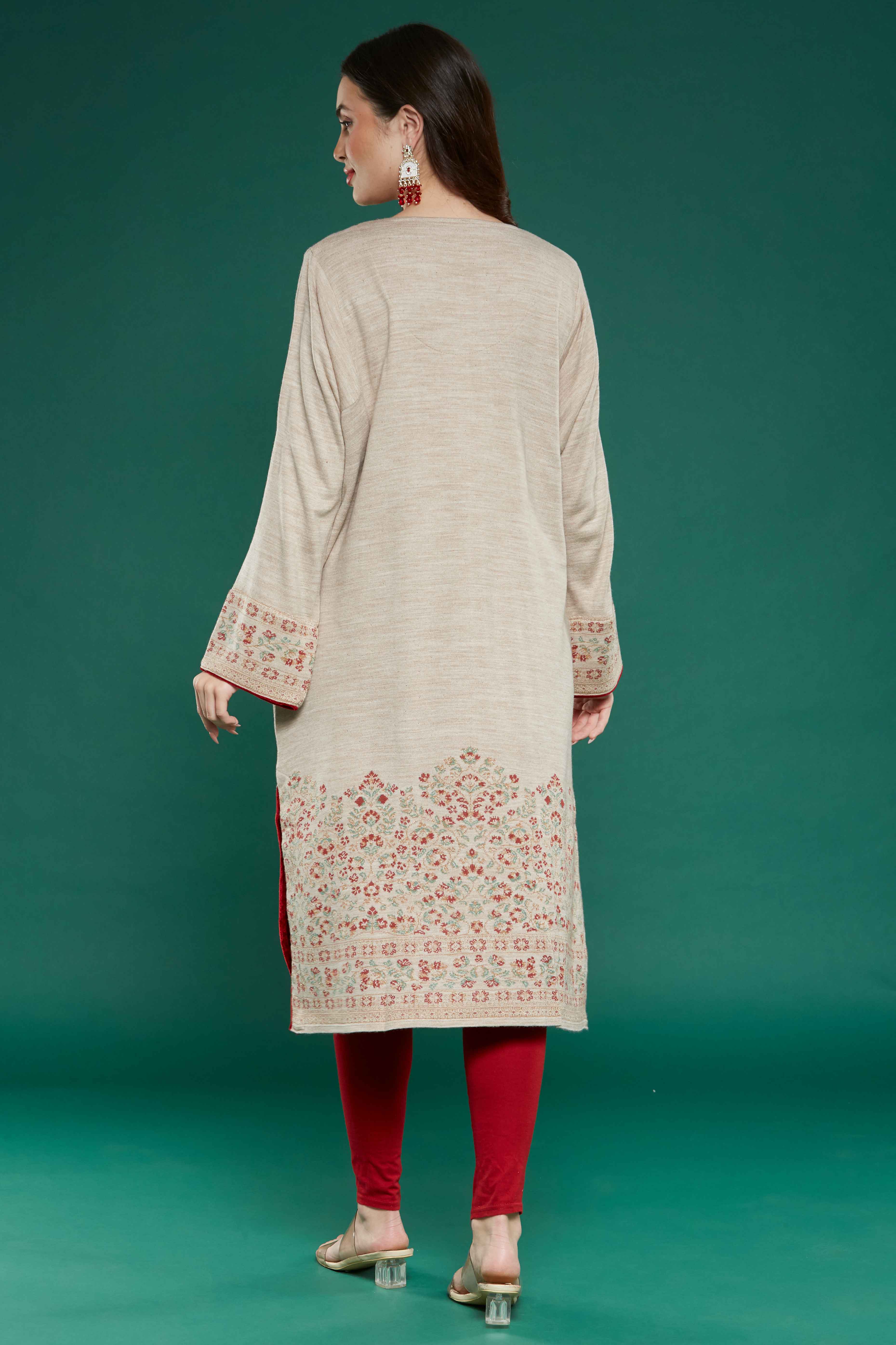 Beige Floral Woven Woolen Straight Kurti