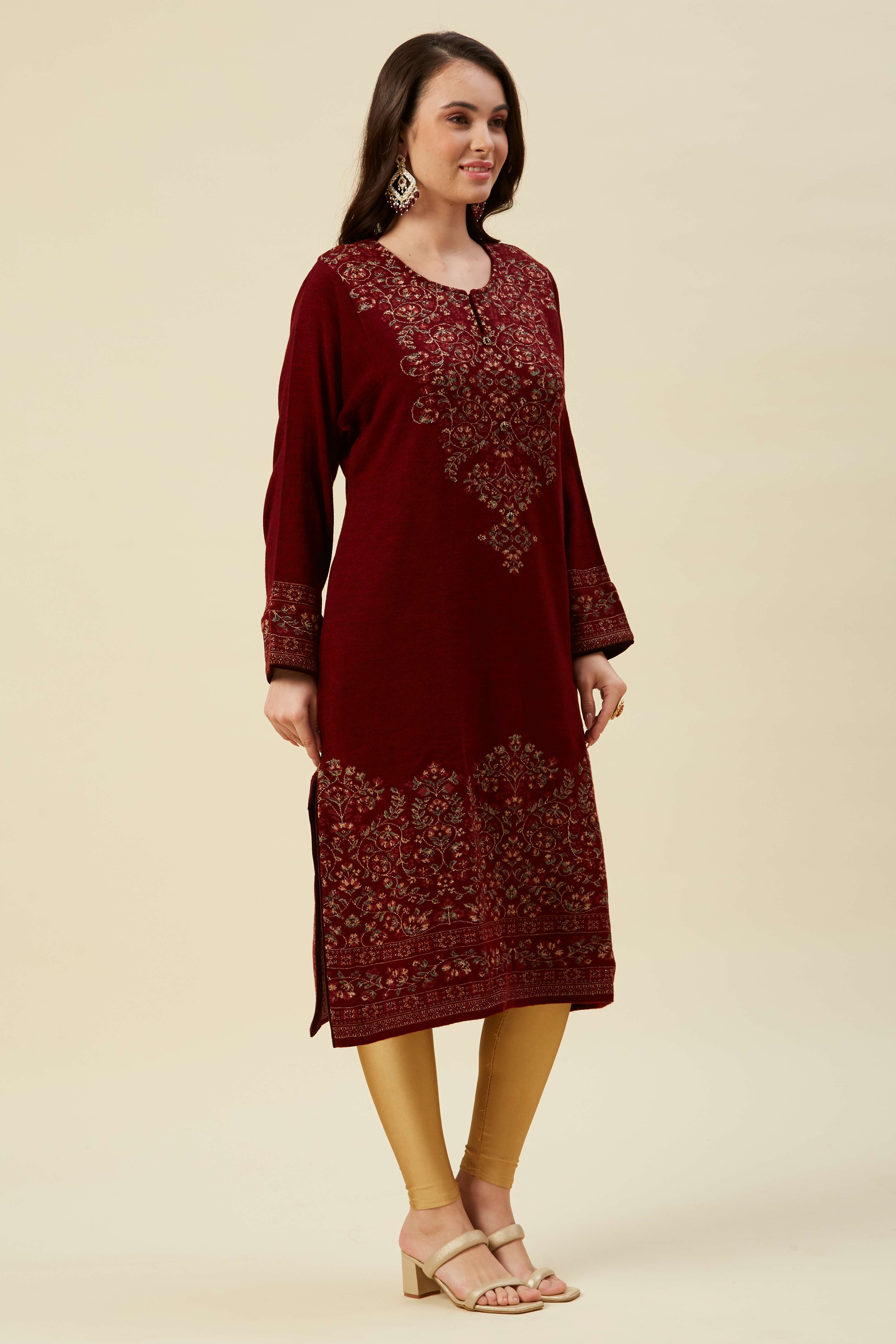 Maroon Floral Woven Woolen Straight Kurti