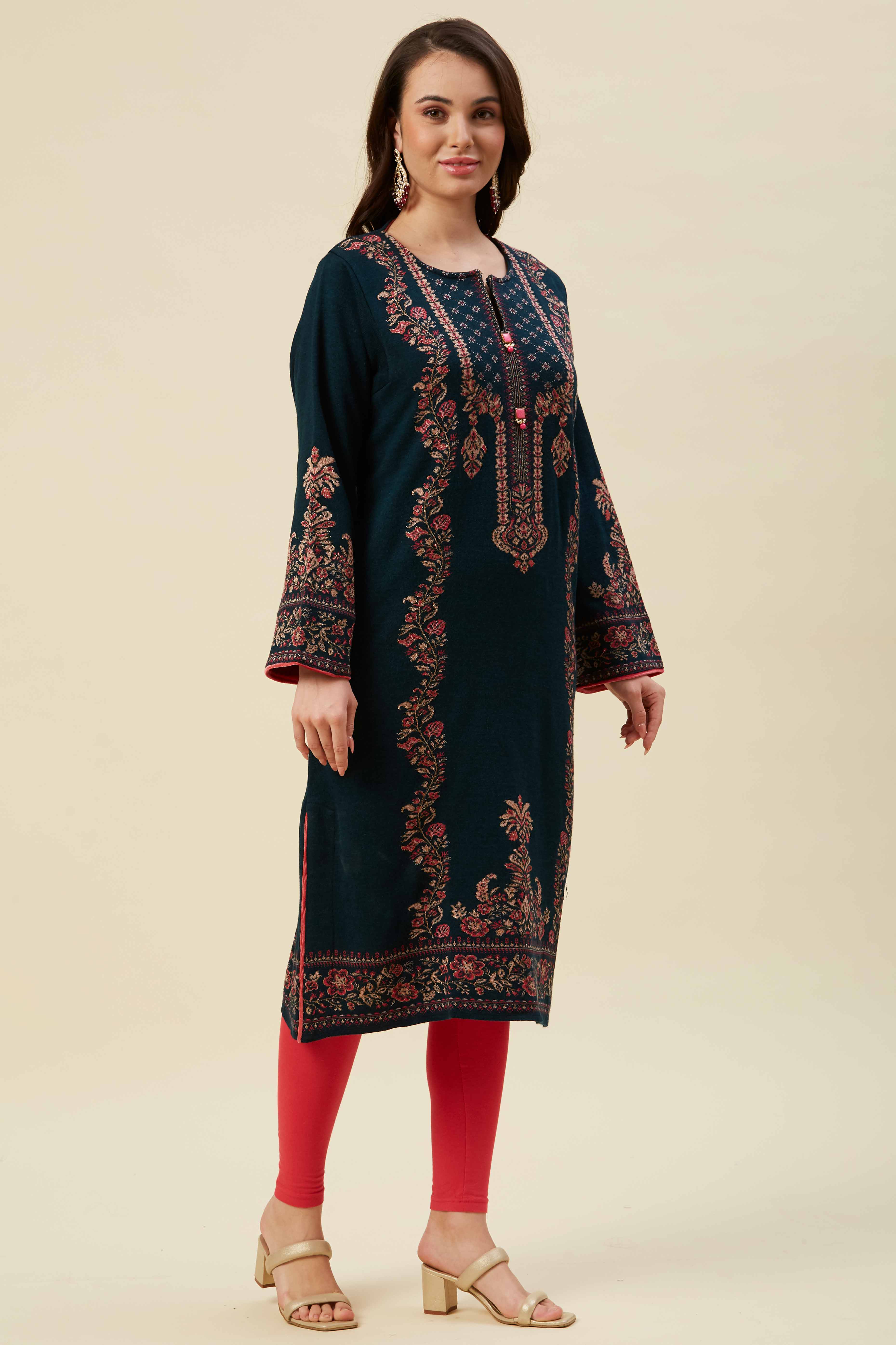 Peacock Blue Floral Woven Woolen Straight Kurti