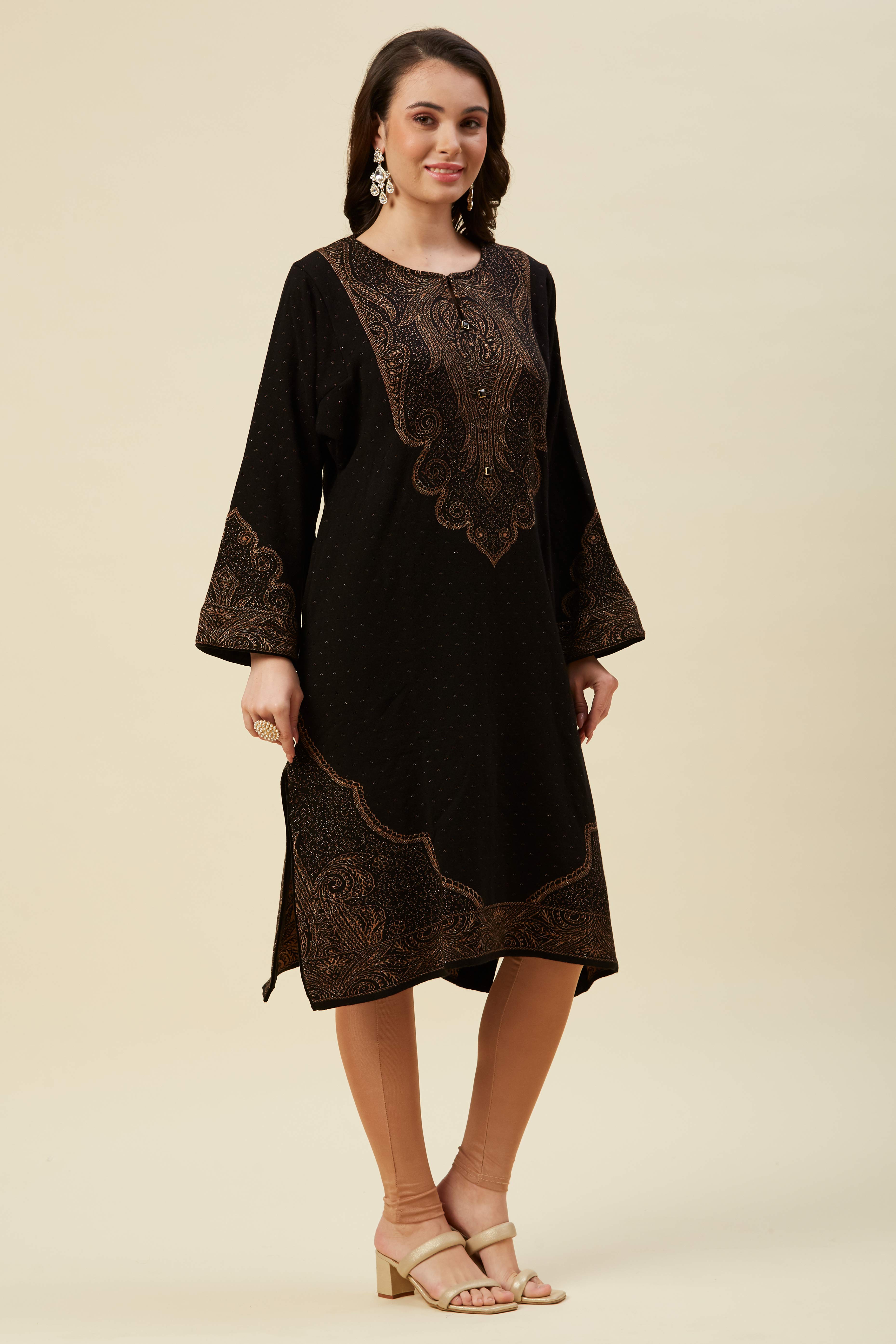 Black Floral Woven Woolen Straight Kurti