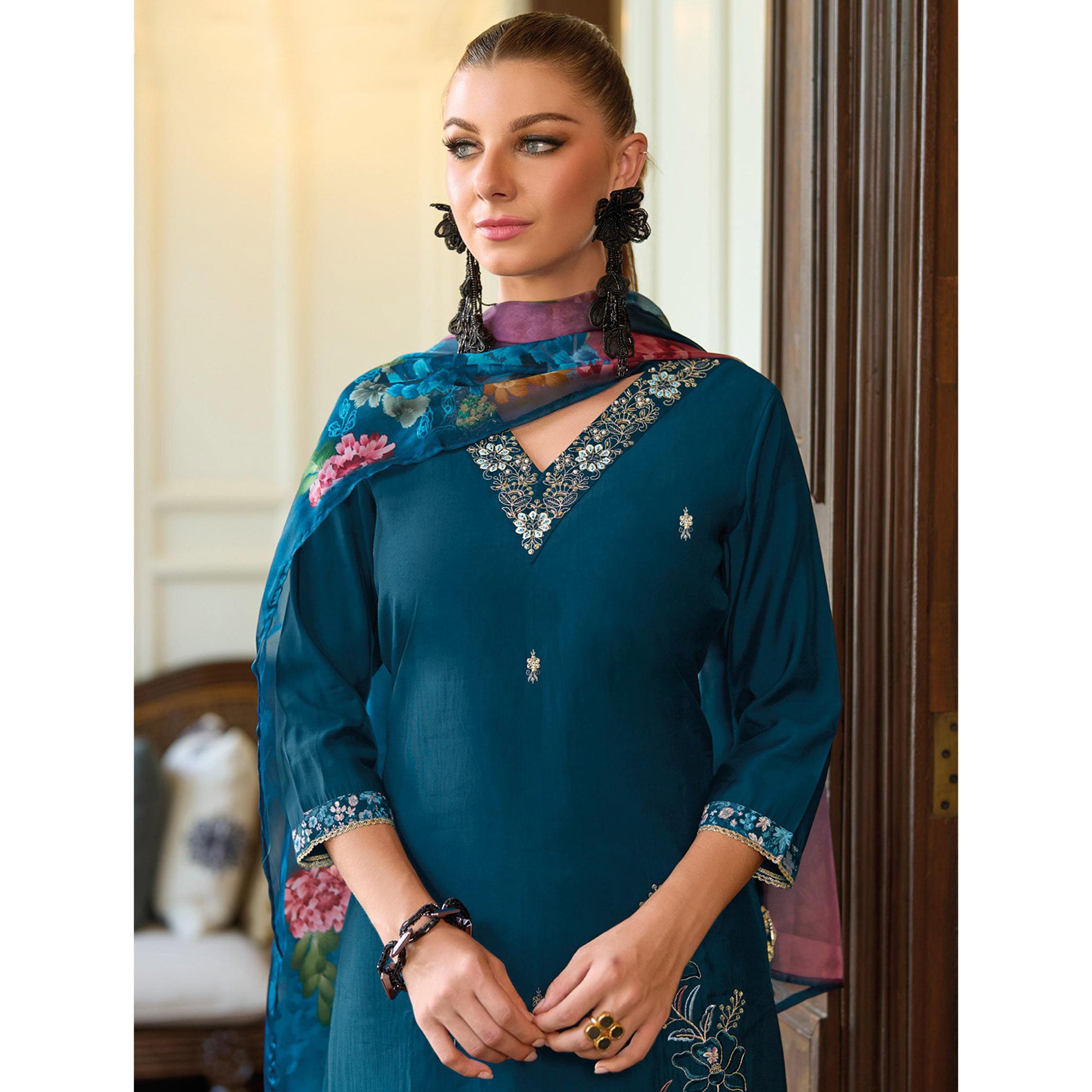 Teal Floral Handwork Embroidered Viscose Salwar Suit