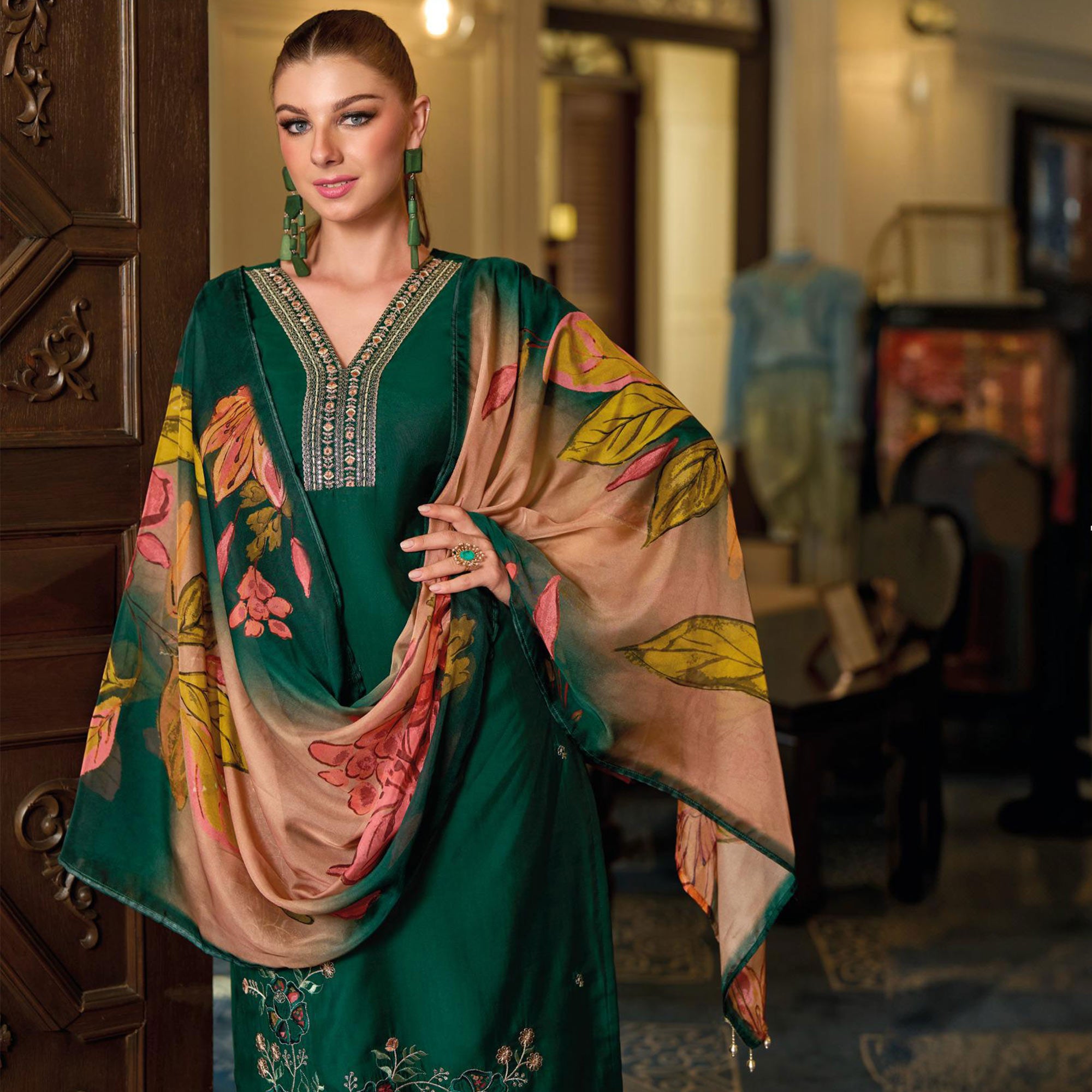 Green Floral Handwork Embroidered Viscose Salwar Suit