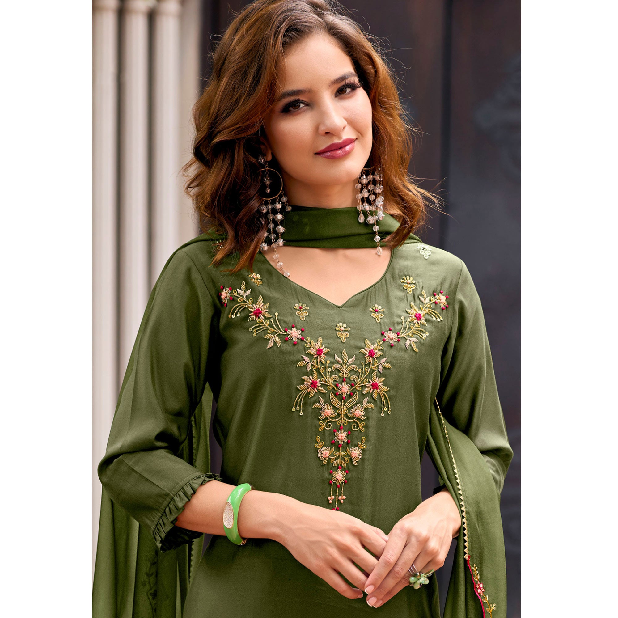 Green Floral Embroidery Chanderi Silk Suit