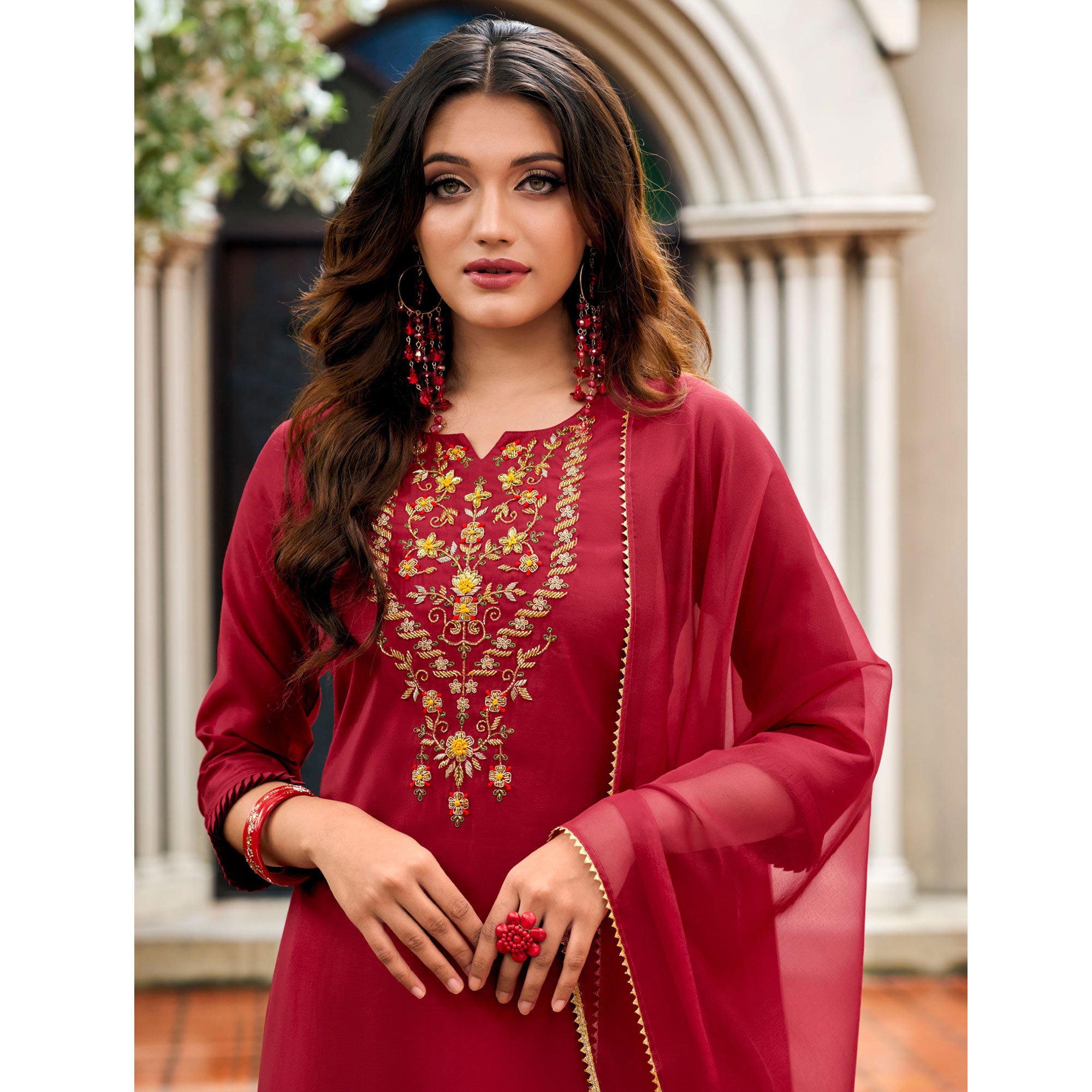 Red Floral Embroidery Chanderi Silk Suit
