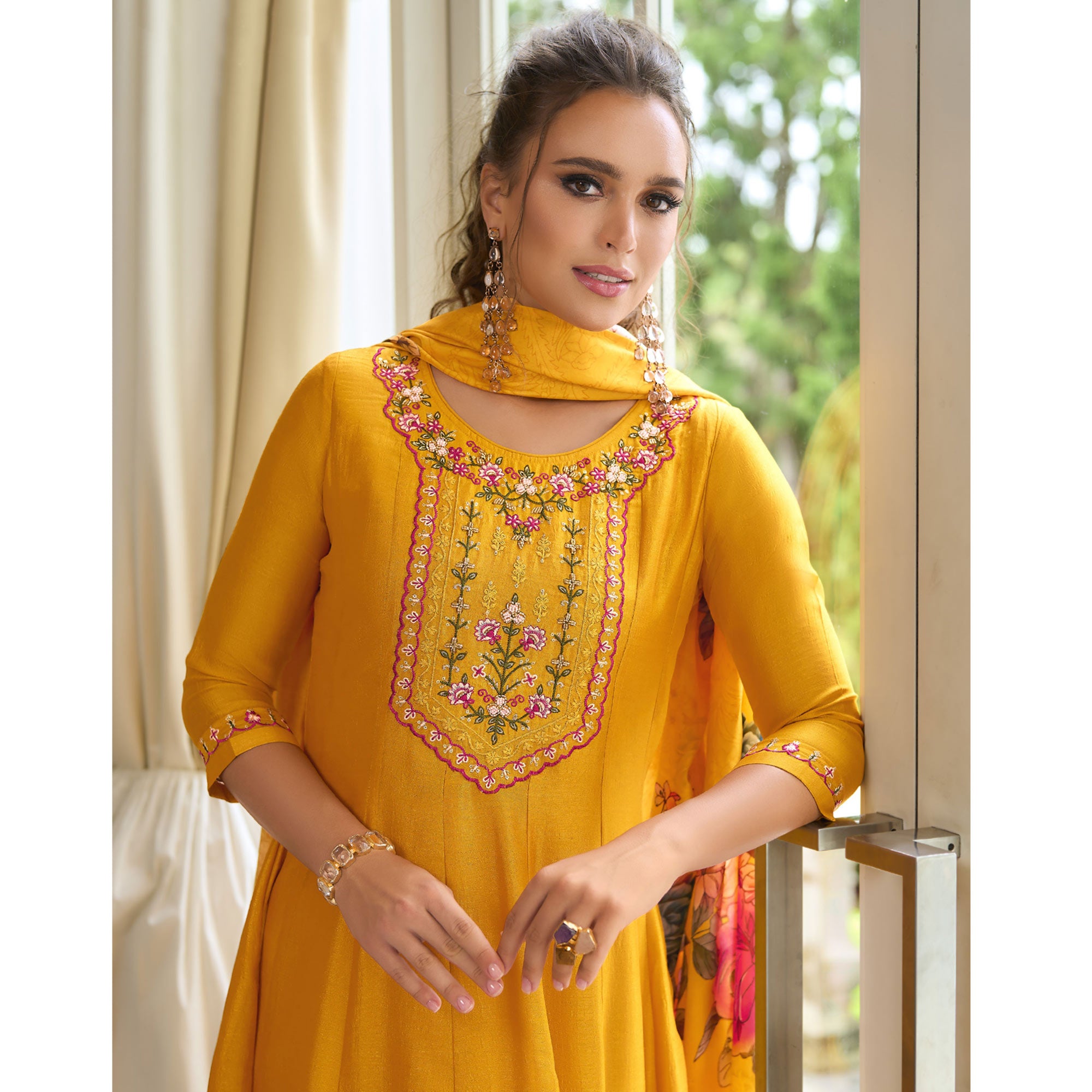 Mustard Embroidered Vichitra Silk Anarkali Salwar Suit