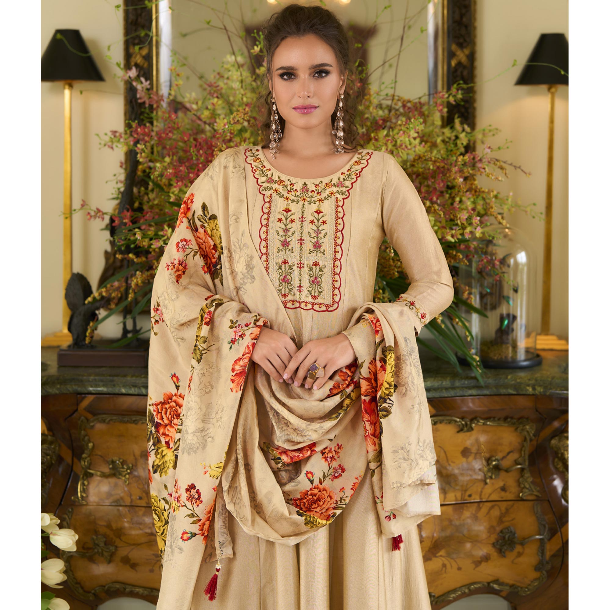 Beige Embroidered Vichitra Silk Anarkali Salwar Suit