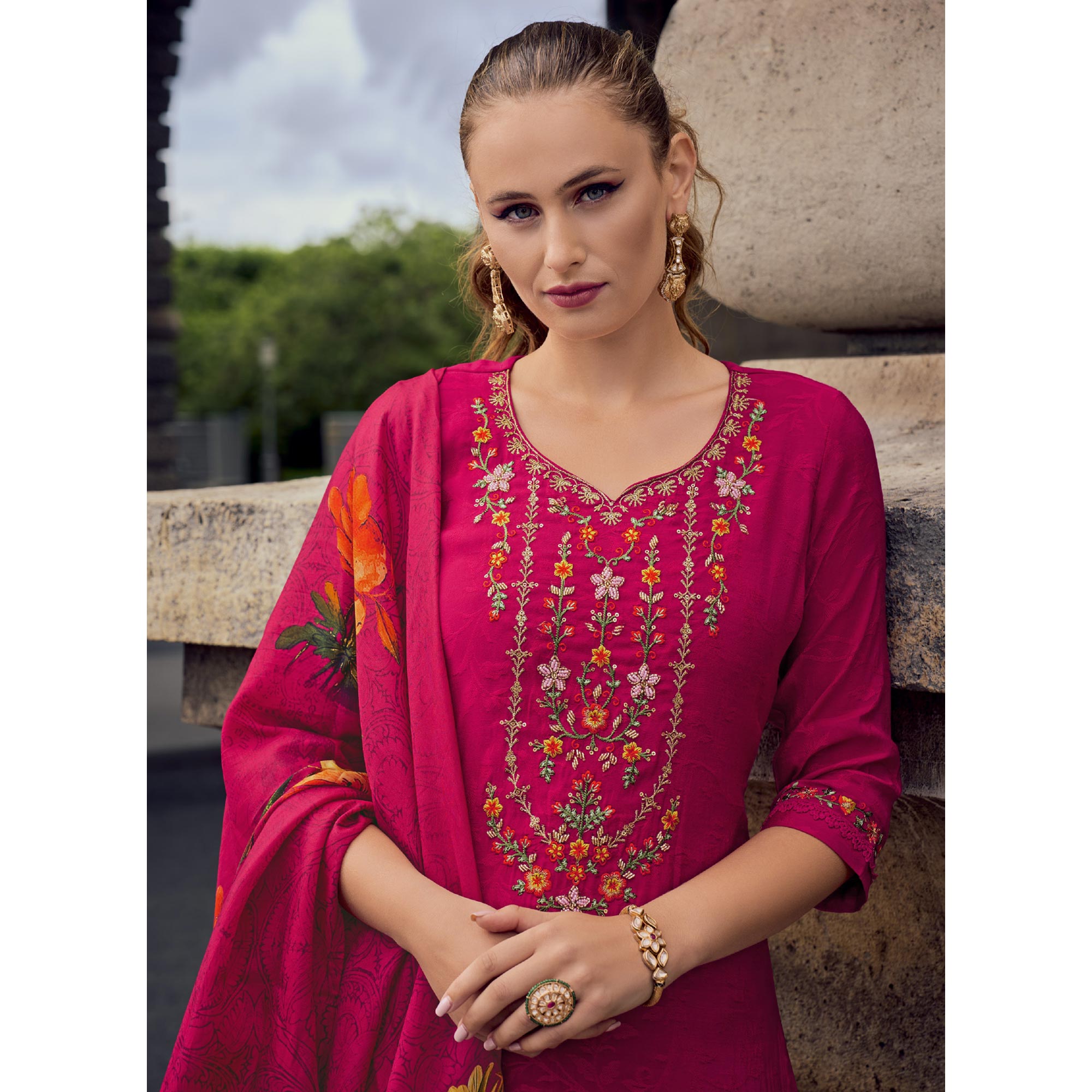 Rani Pink Floral Sequins Embroidery With Handwork Viscose Salwar Suit