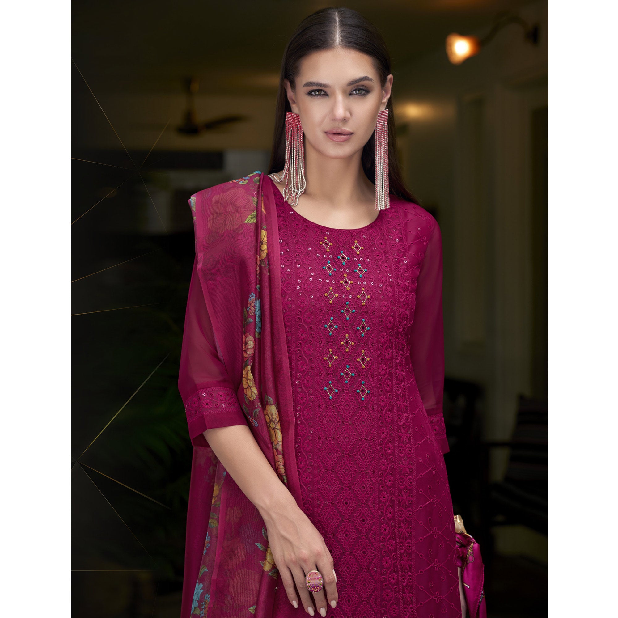 Rani Pink Chikankari With Handwork Organza Salwar Suit