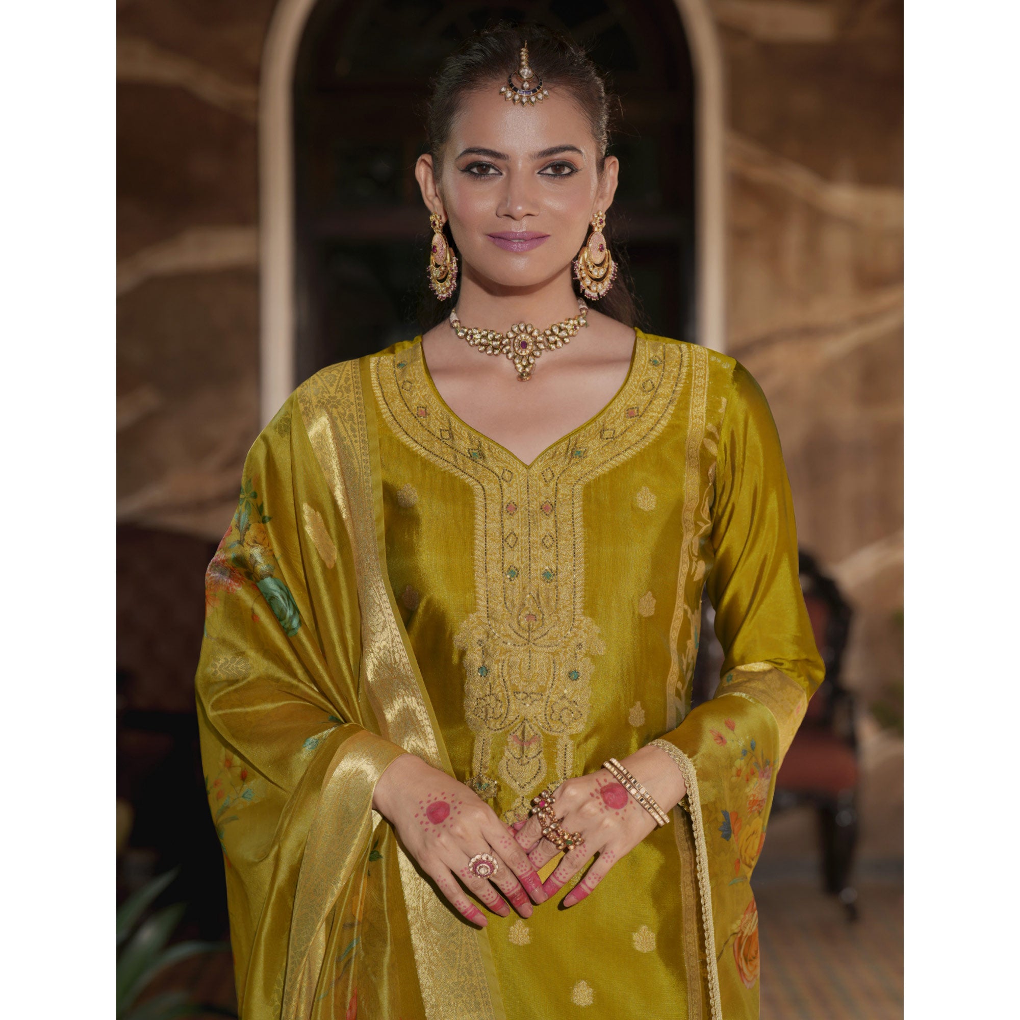 Olive Green Floral Woven With Handwork Organza Salwar Suit