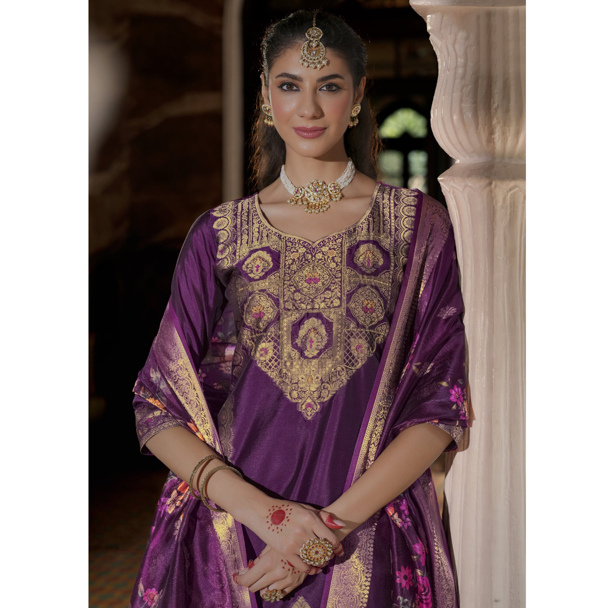 Purple Floral Woven With Handwork Organza Salwar Suit