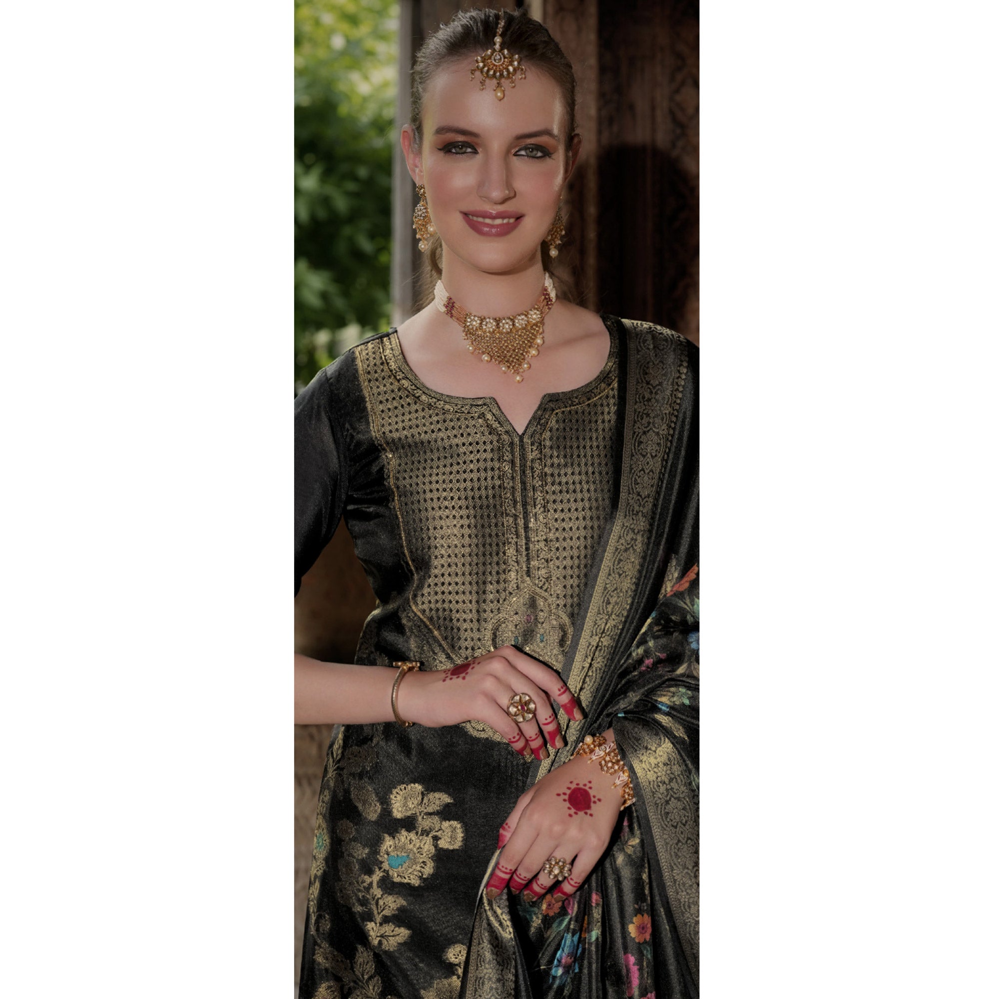 Black Floral Woven With Handwork Organza Salwar Suit