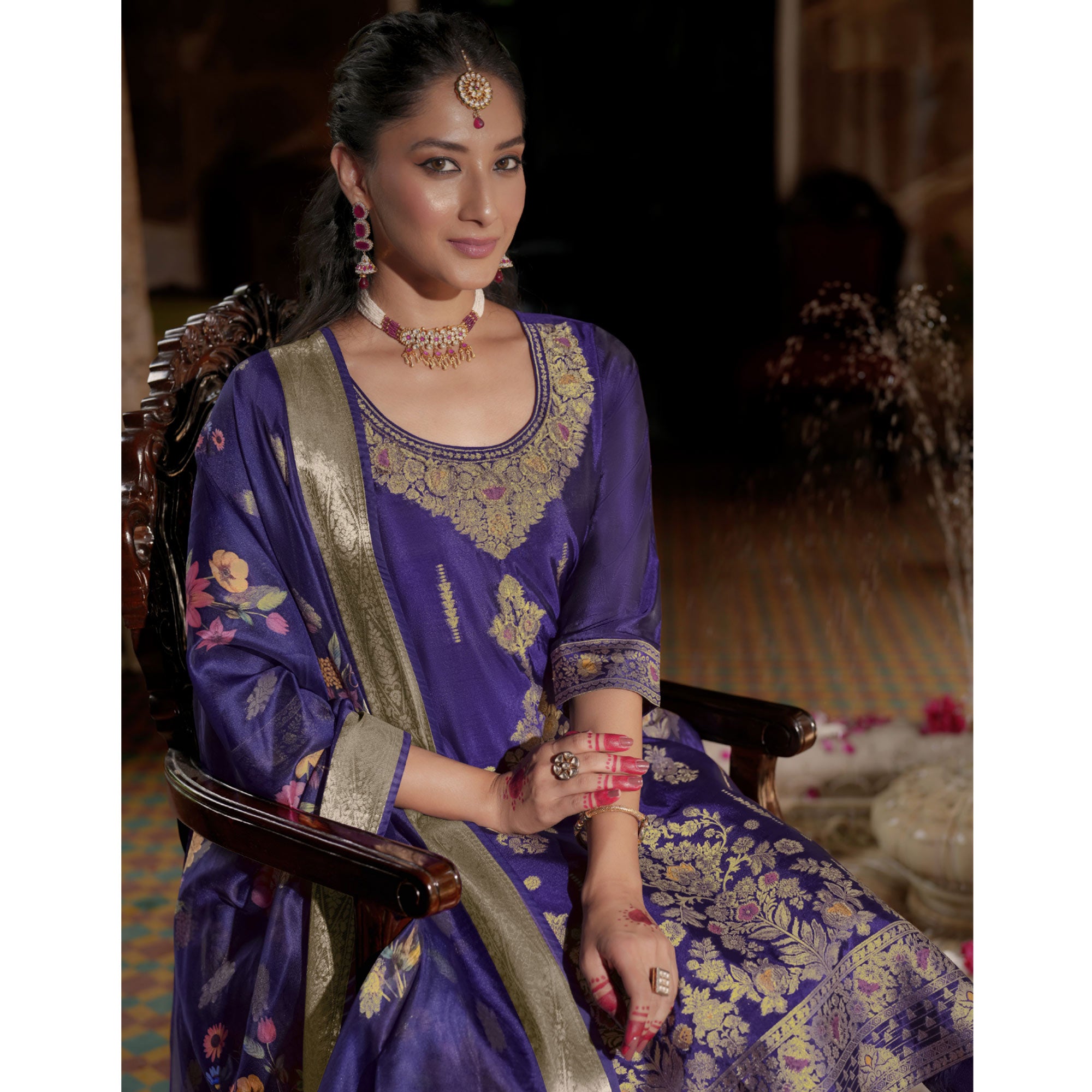 Violet Floral Woven With Handwork Organza Salwar Suit