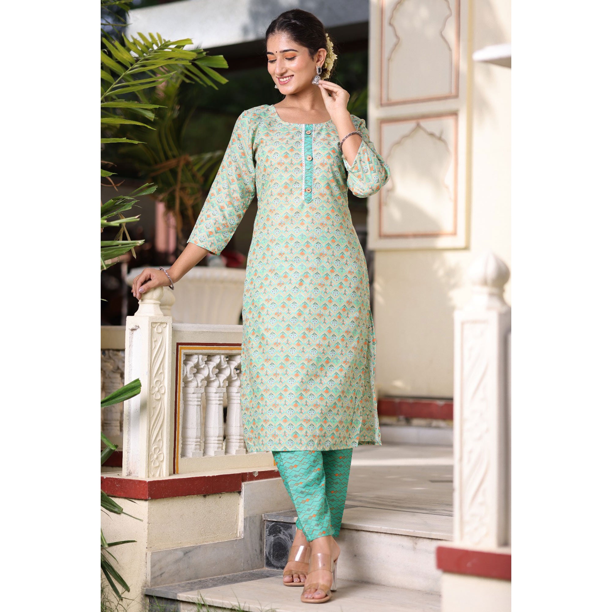 Green Floral Printed Pure Cotton Suit