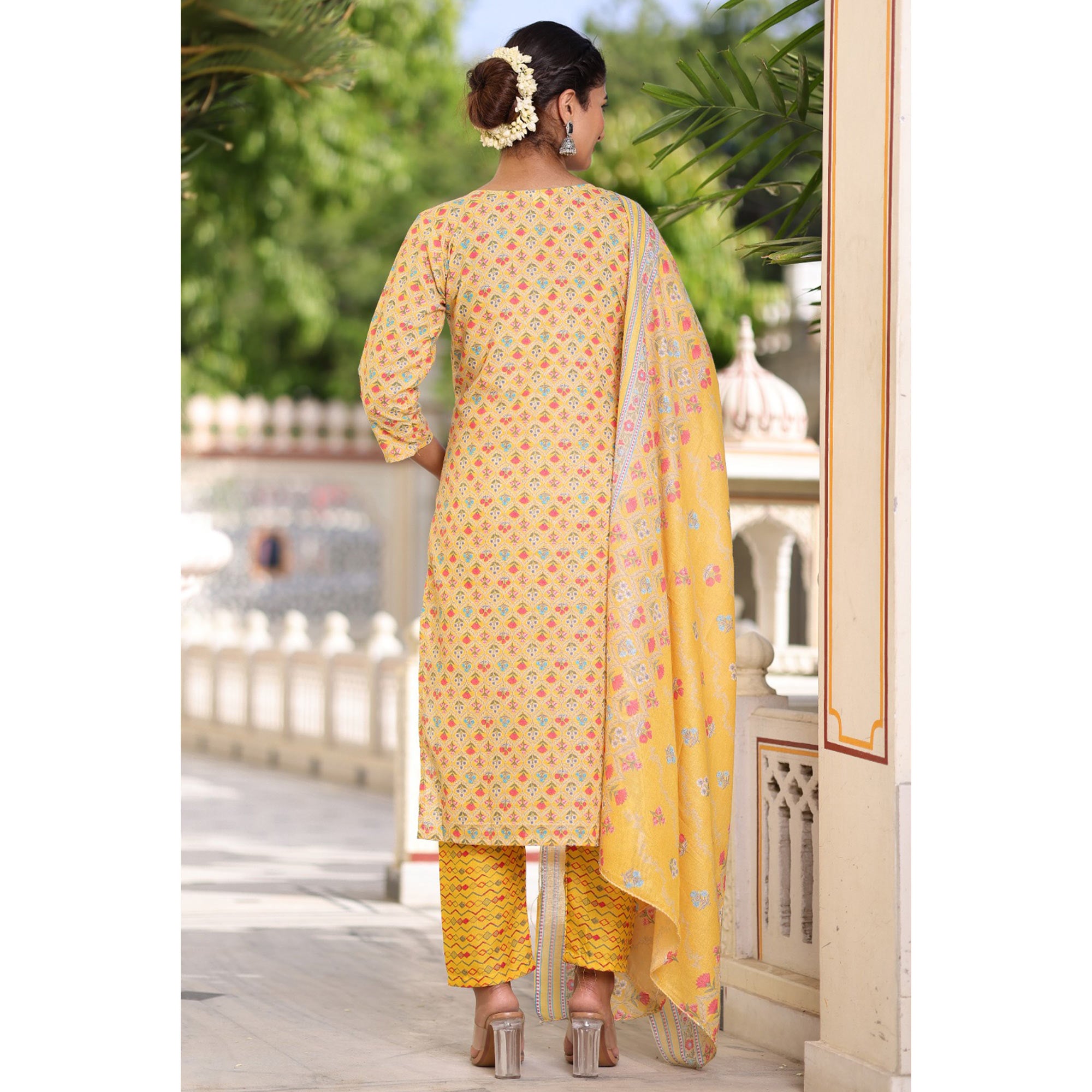 Yellow Floral Printed Pure Cotton Suit