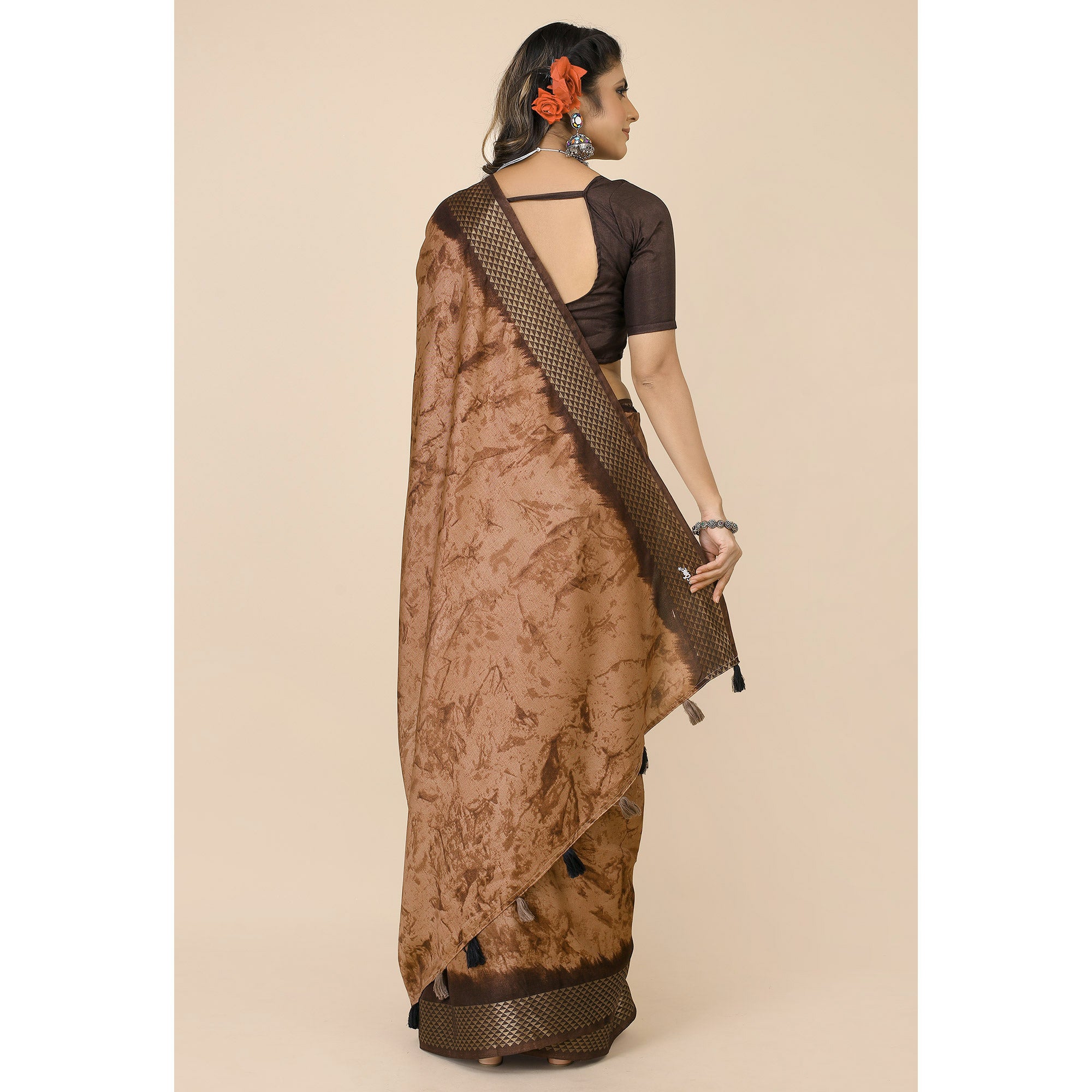 Coffee Brown Printed Cotton Silk Saree With Zari Border