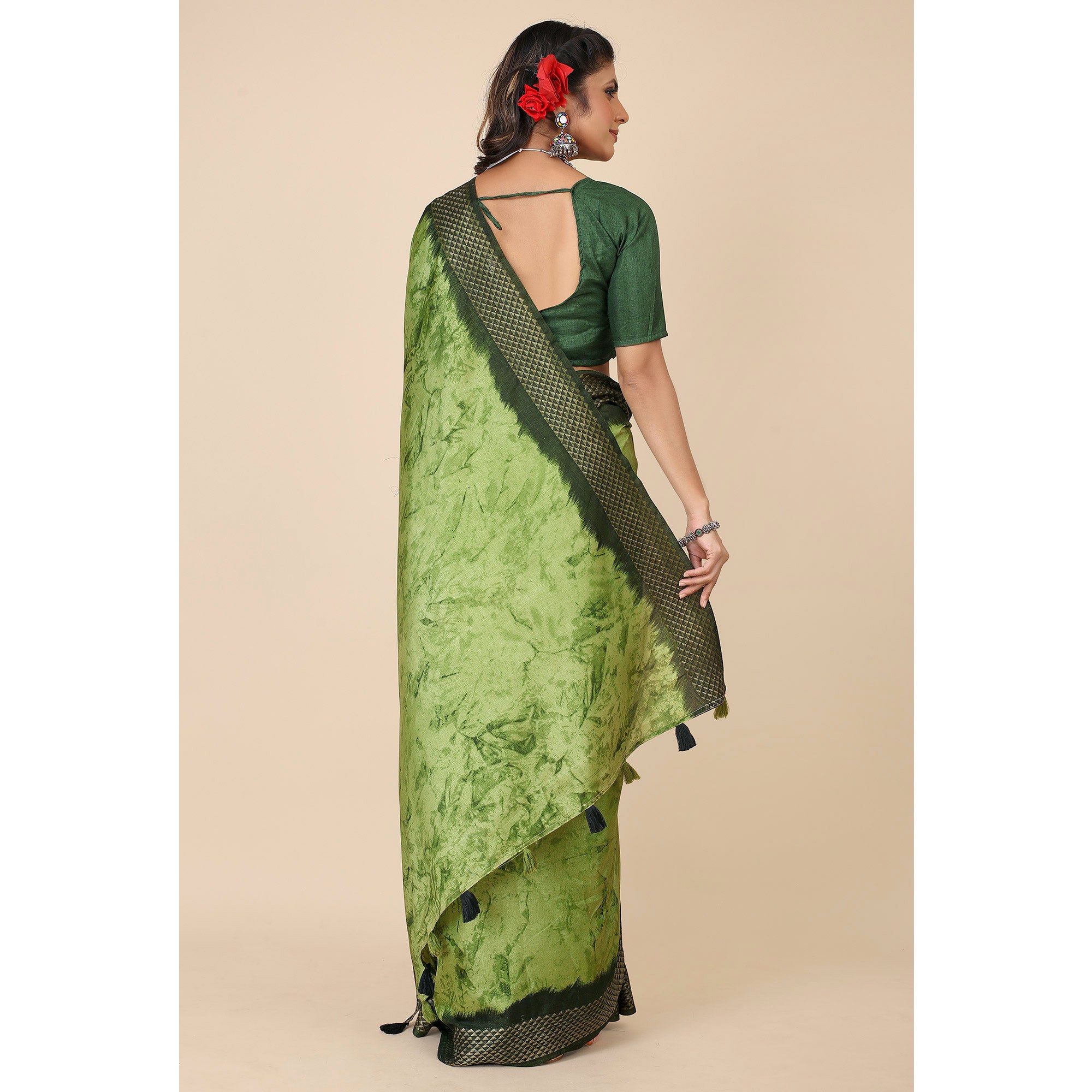 Green Printed Cotton Silk Saree With Zari Border