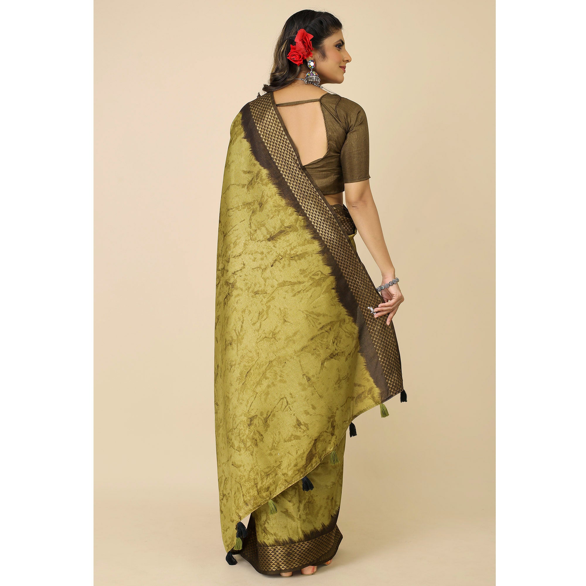 Mehendi Green Printed Cotton Silk Saree With Zari Border