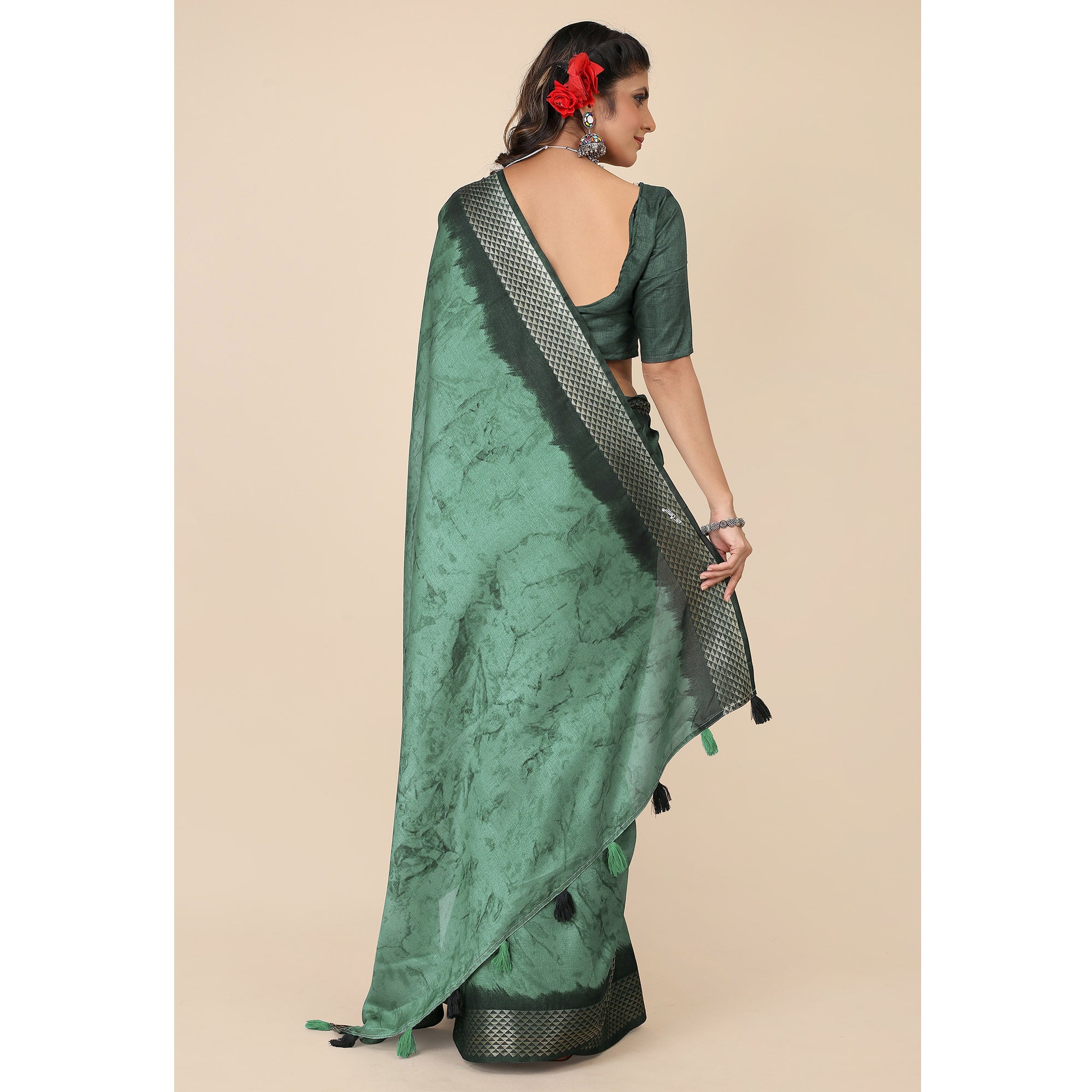Turquoise Printed Cotton Silk Saree With Zari Border