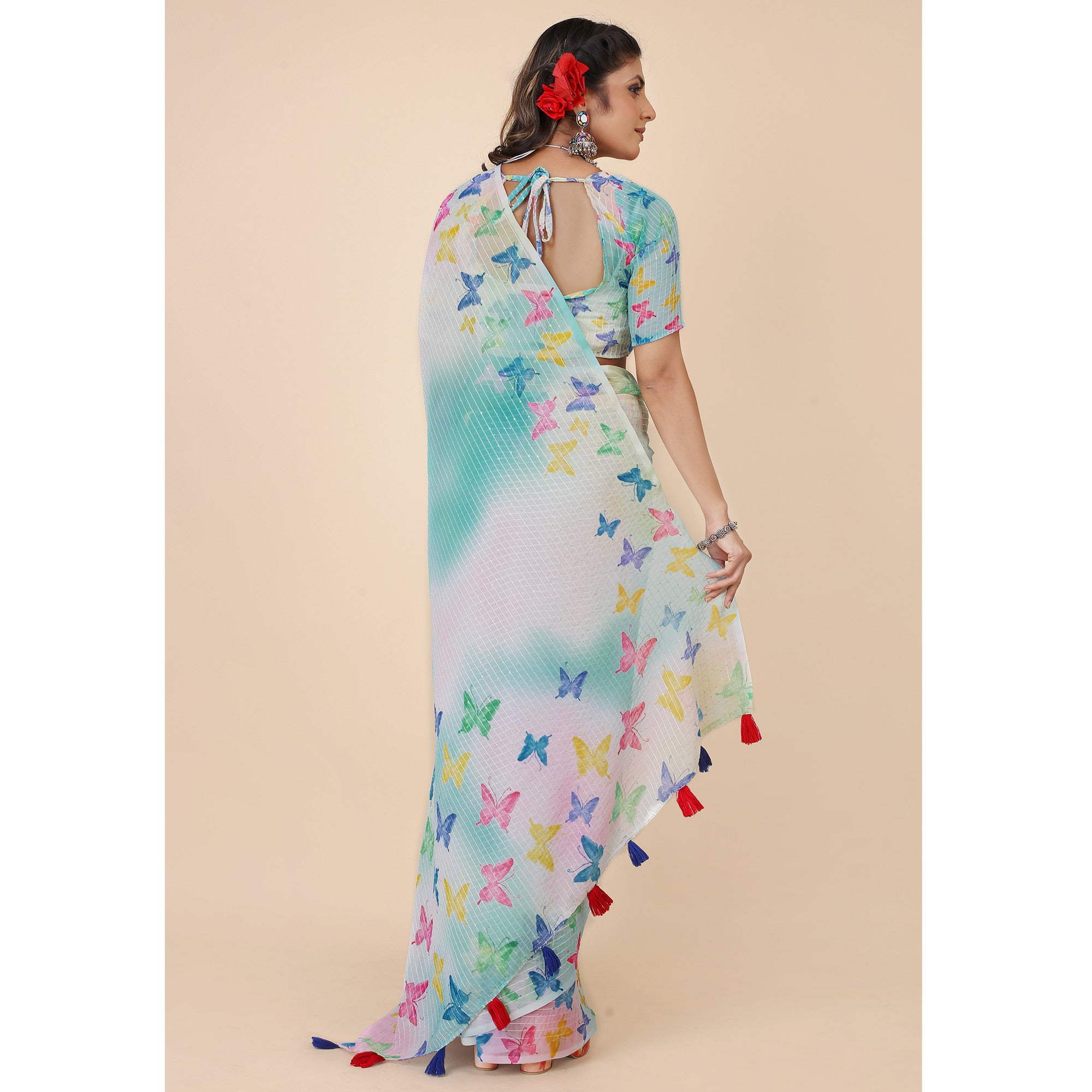 Blue Digital Printed With Sequins Work Georgette Saree