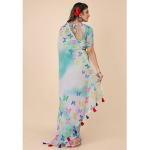 Blue Digital Printed With Sequins Work Georgette Saree