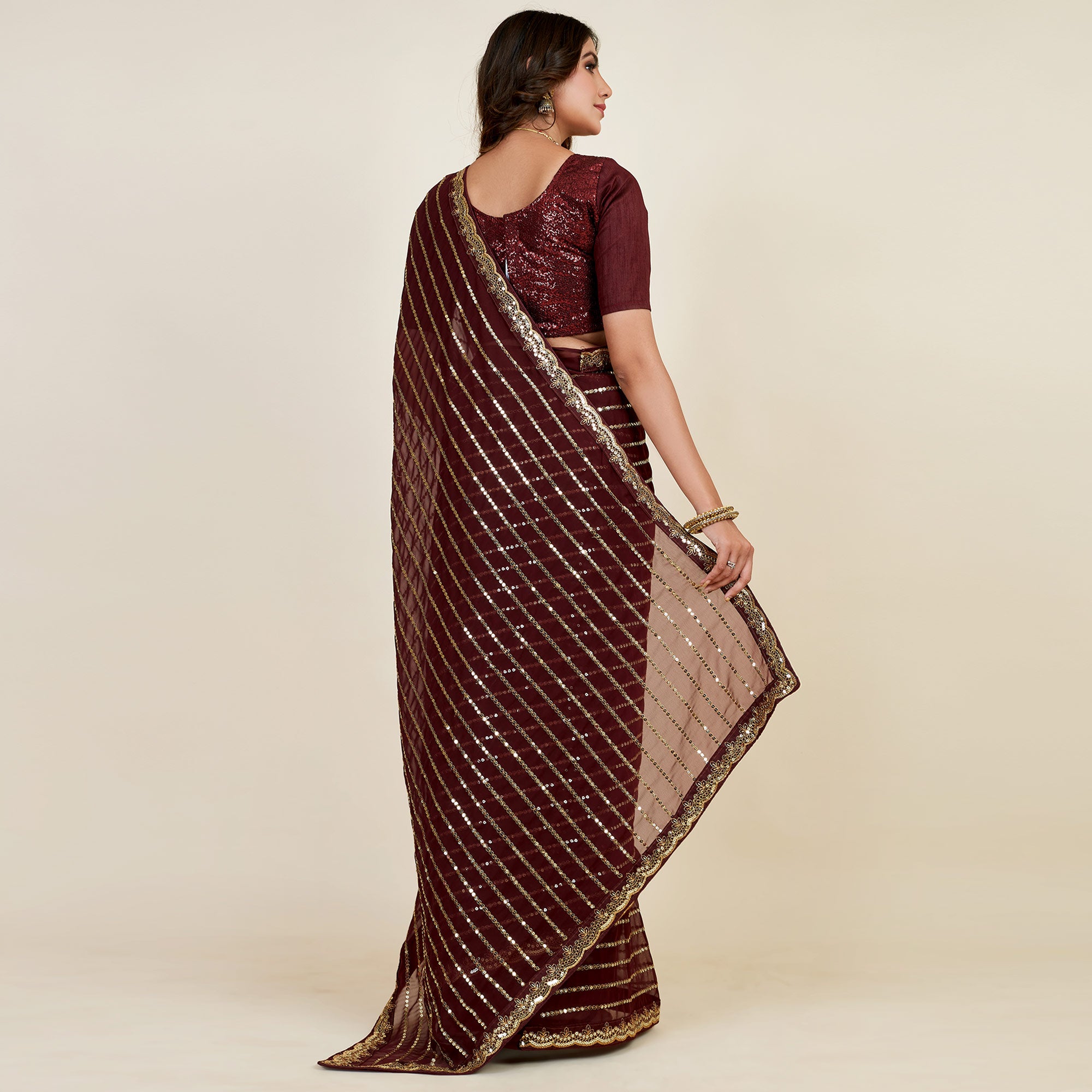 Brown Sequins Embroidered Georgette Saree