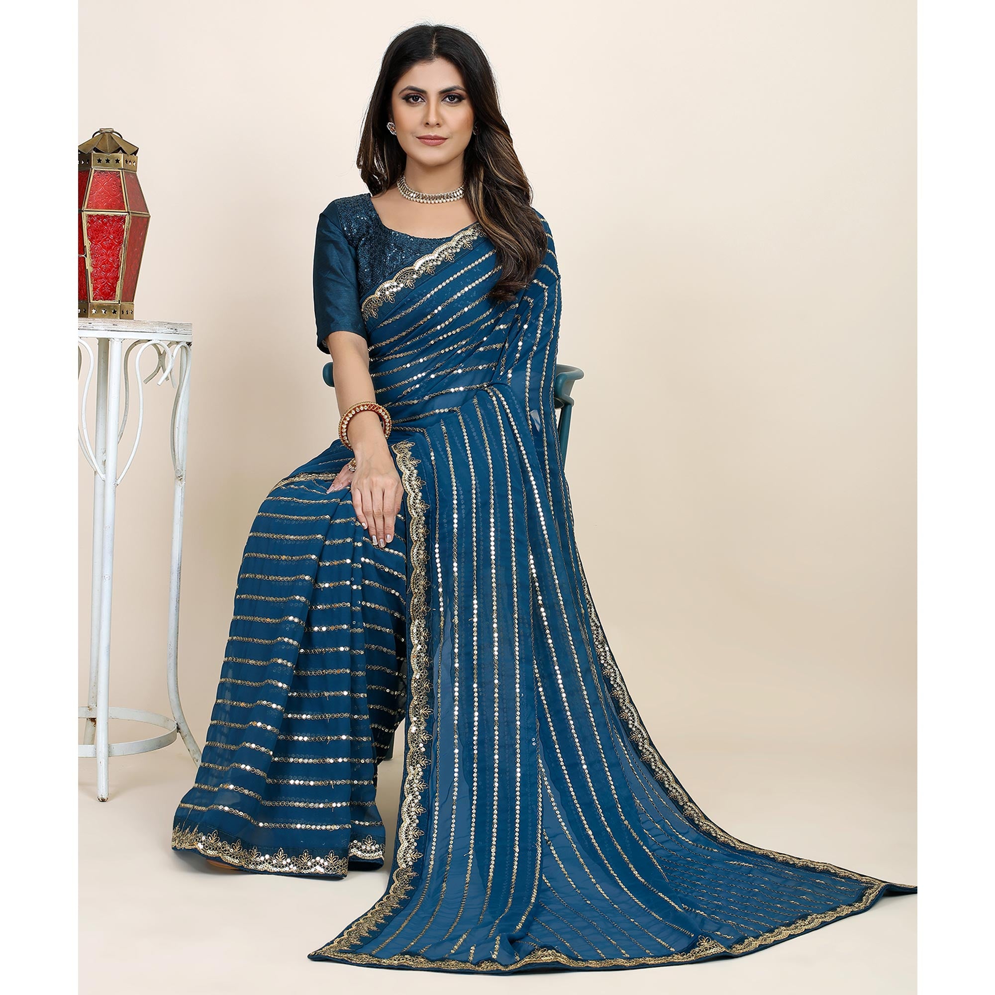 Morpich Sequins Embroidered Georgette Saree