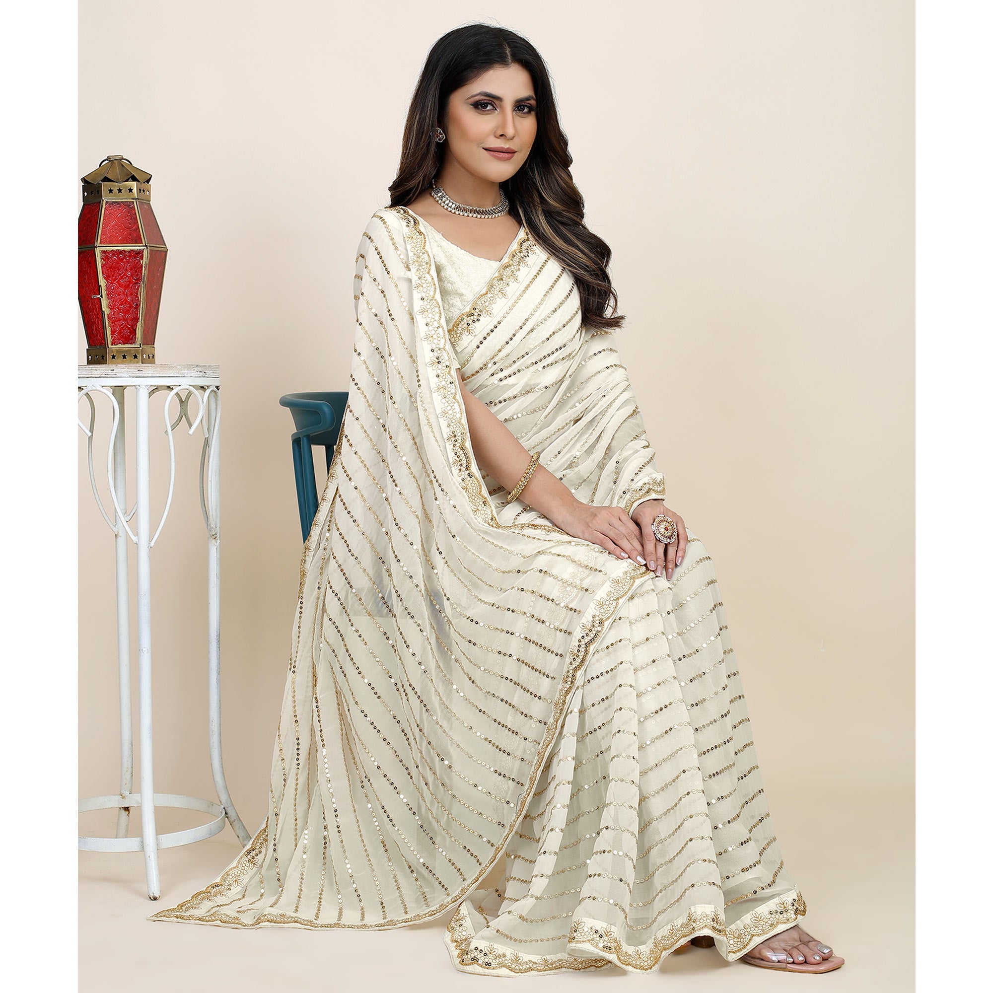 Off White Sequins Embroidered Georgette Saree