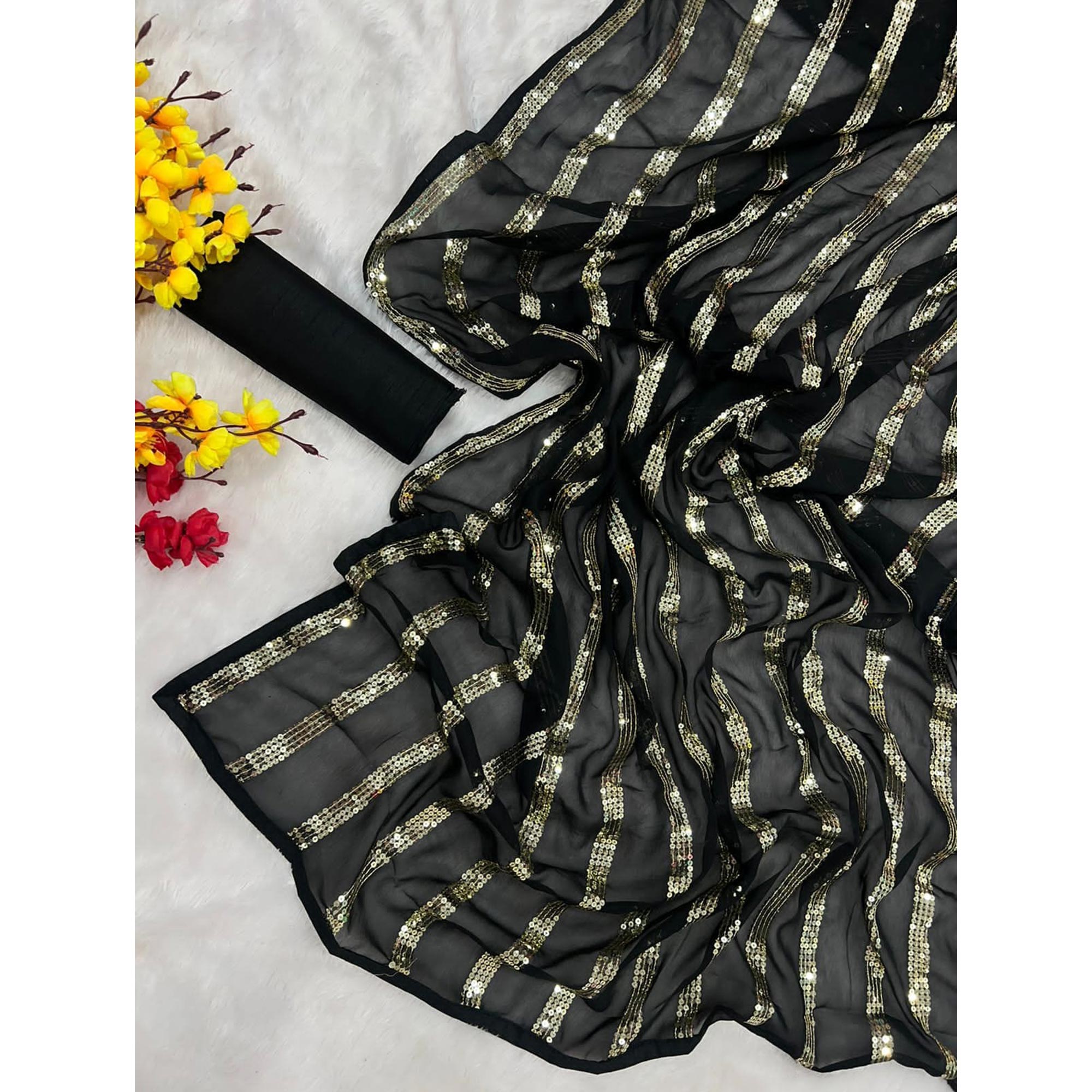 Black Sequins Embroidered Georgette Saree