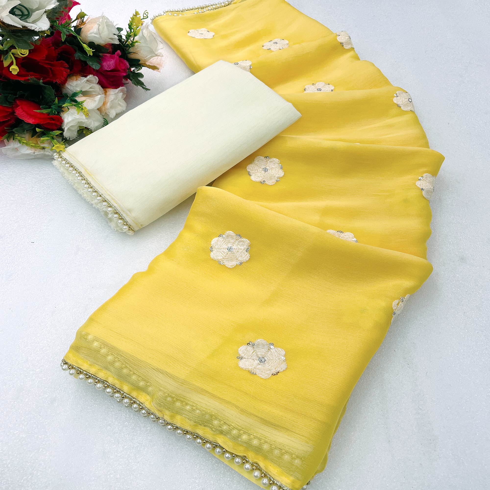 Yellow Floral Embroidered Chiffon Saree