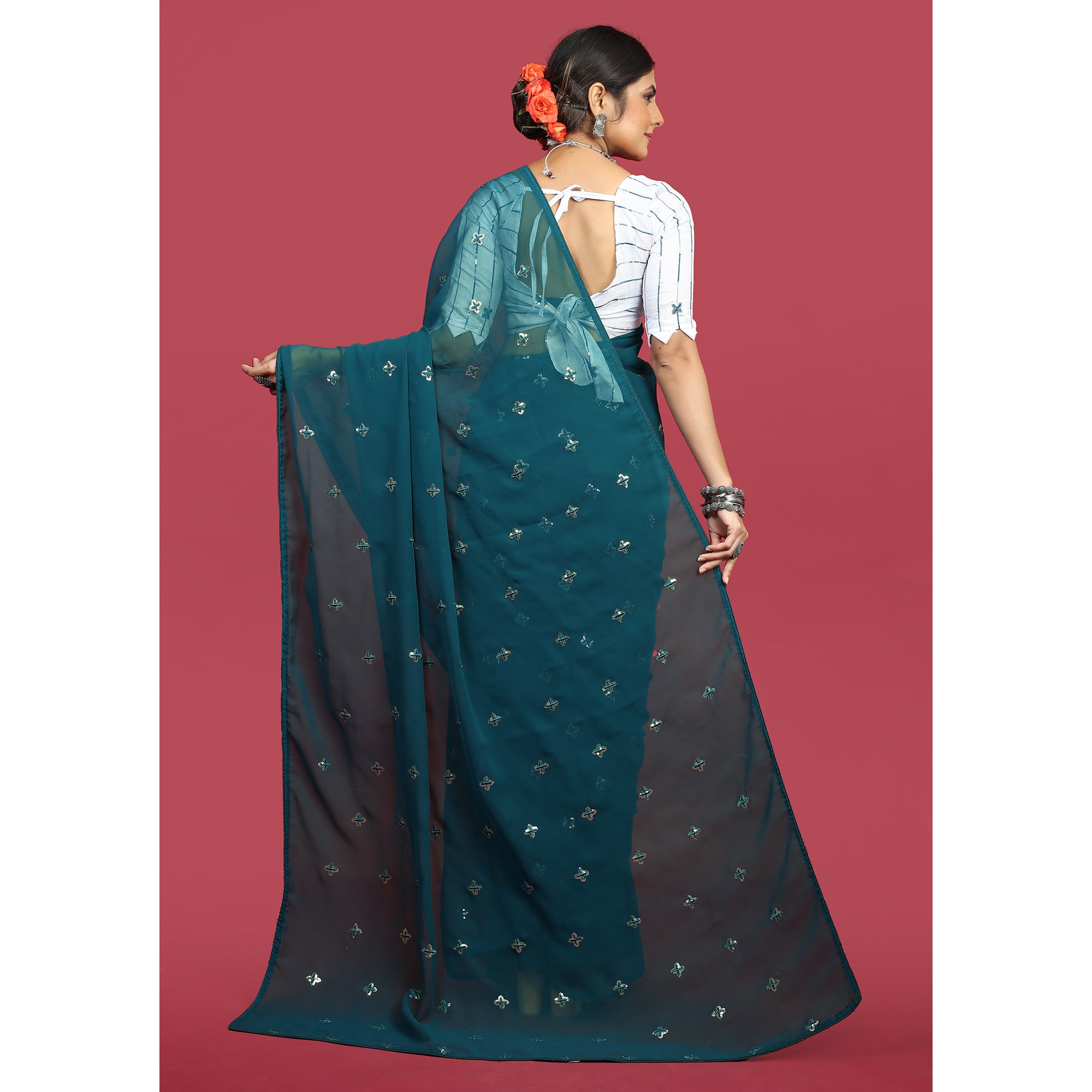 Morpich Sequins Embroidered Georgette Saree