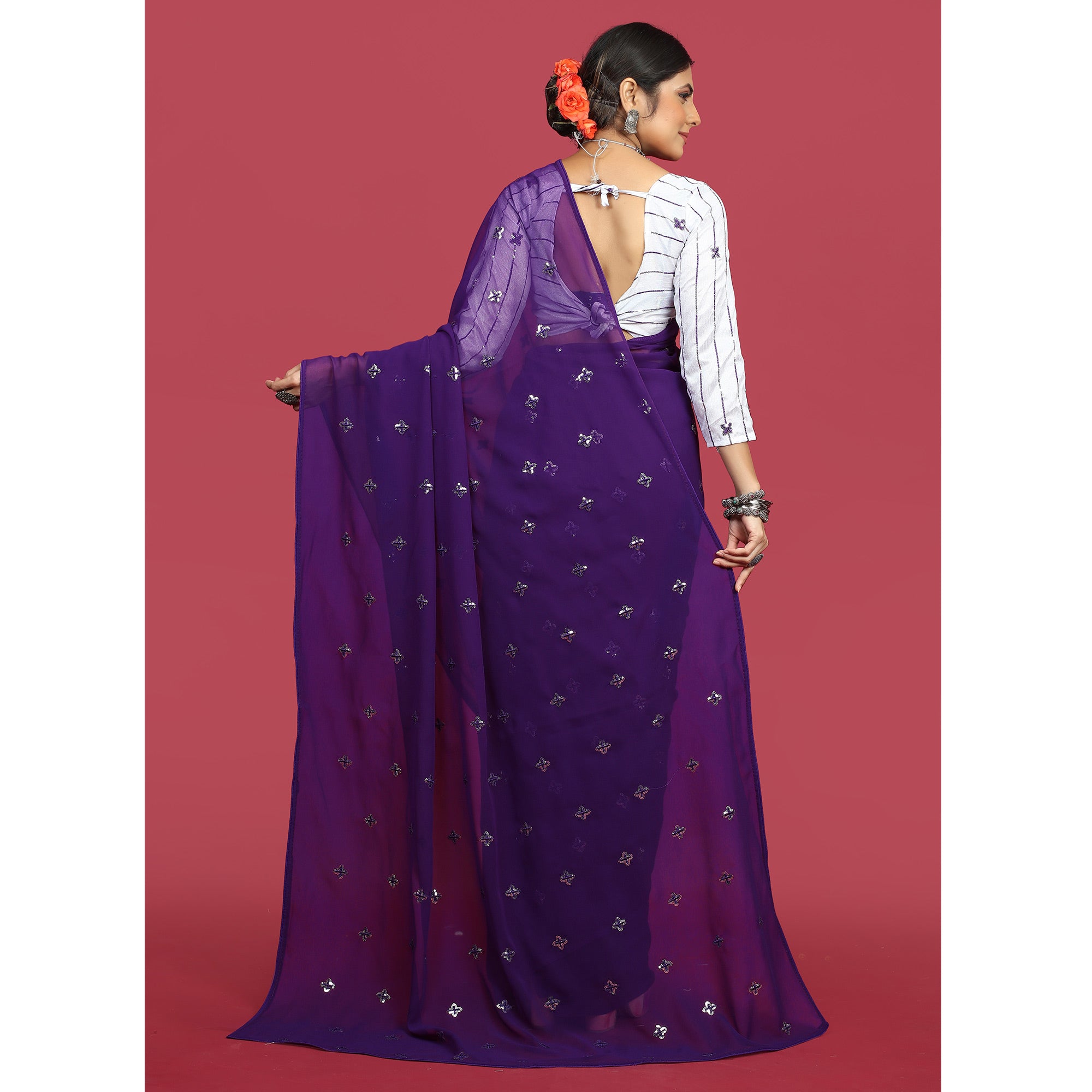 Purple Sequins Embroidered Georgette Saree