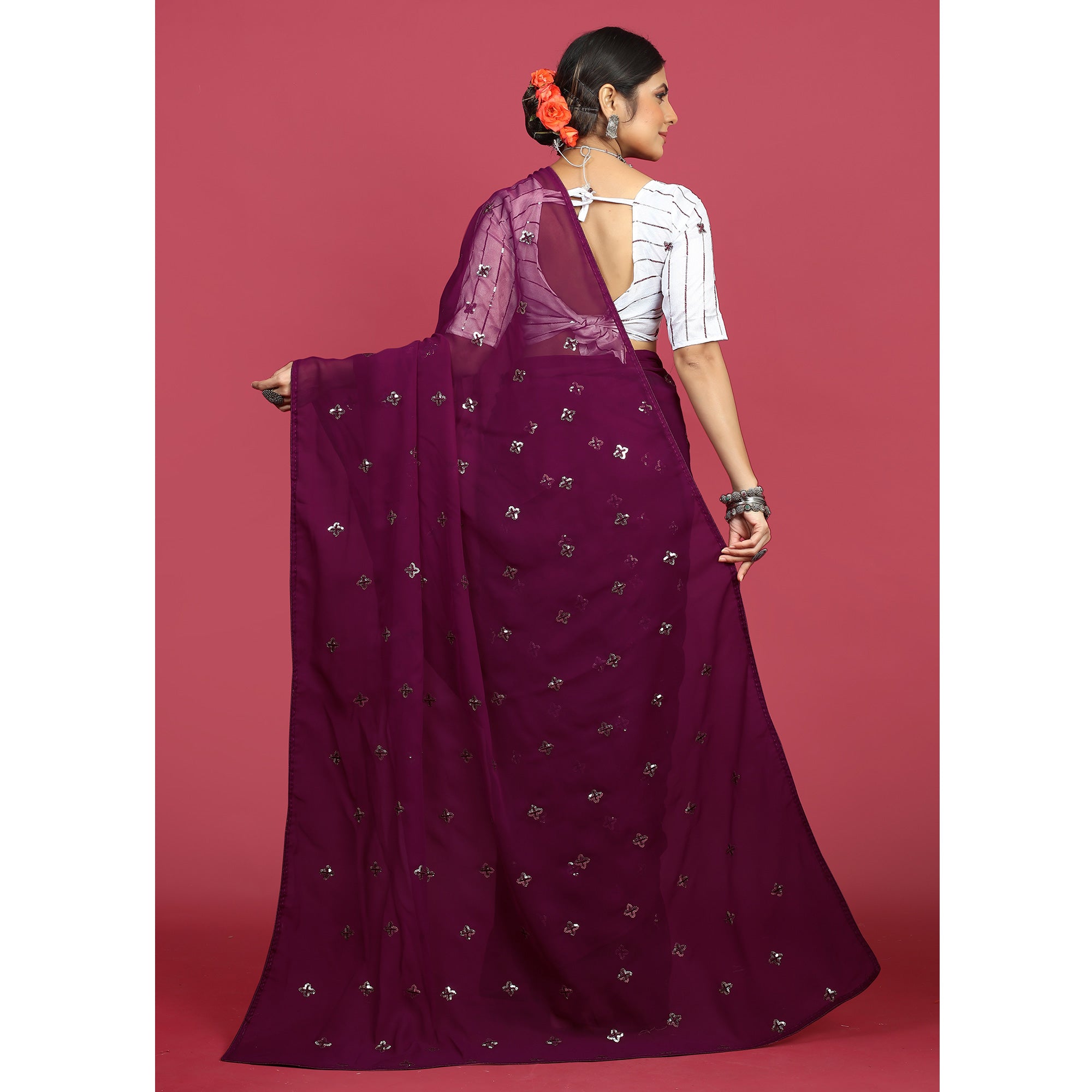 Wine Sequins Embroidered Georgette Saree