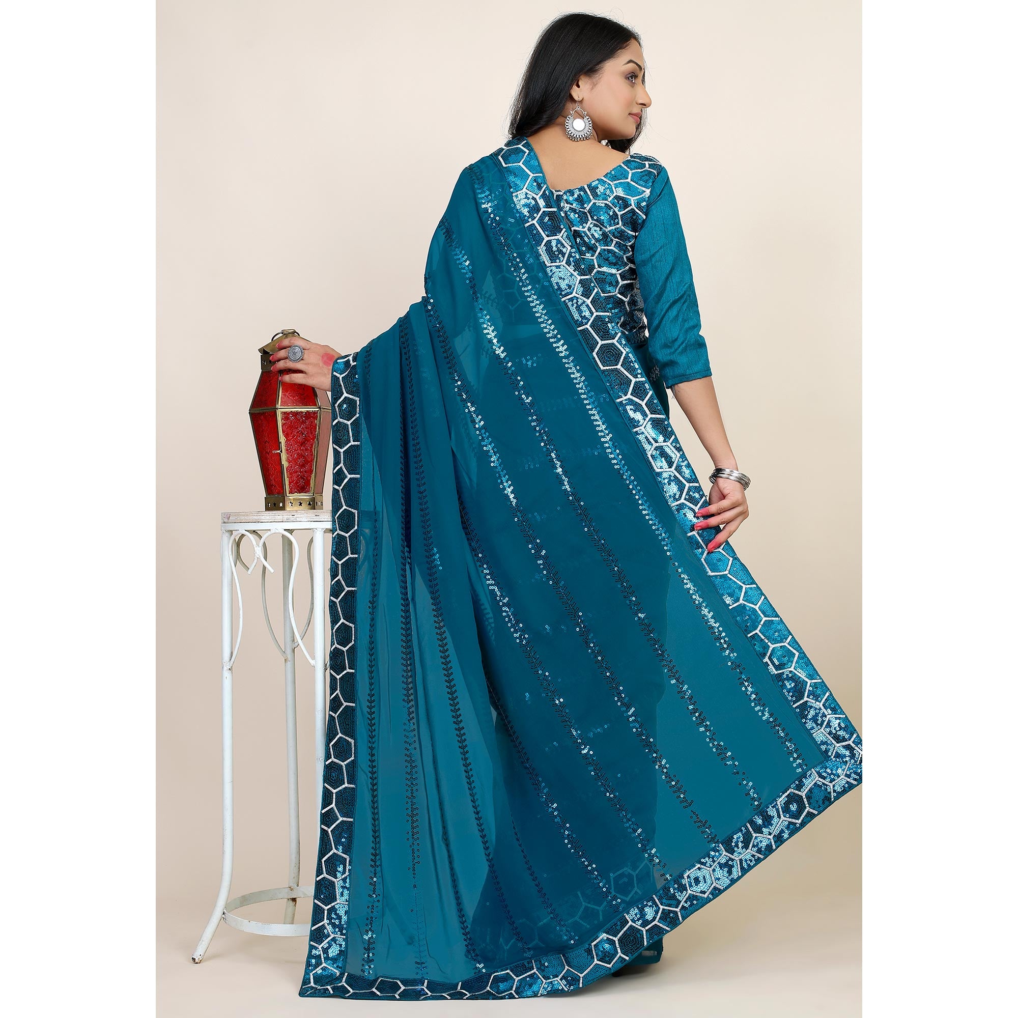 Blue Sequins Embroidered Georgette Saree