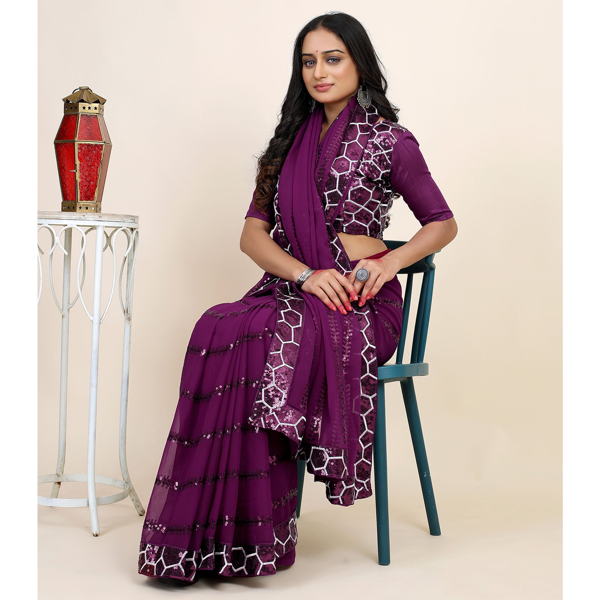 Wine Sequins Embroidered Georgette Saree