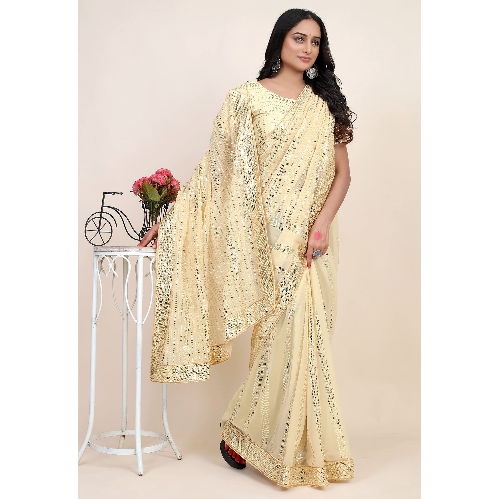 Light Chikoo Sequins Embroidered Georgette Saree