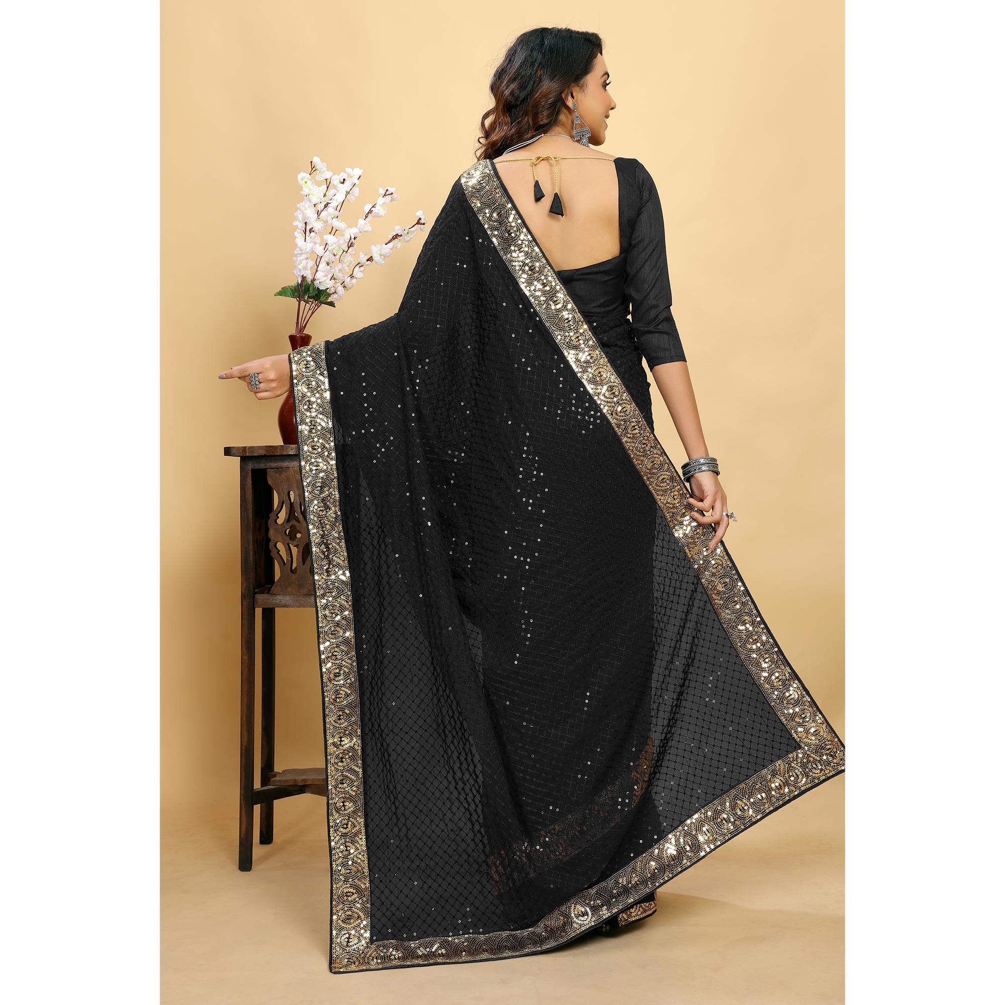 Black Sequins Embroidered Georgette Saree