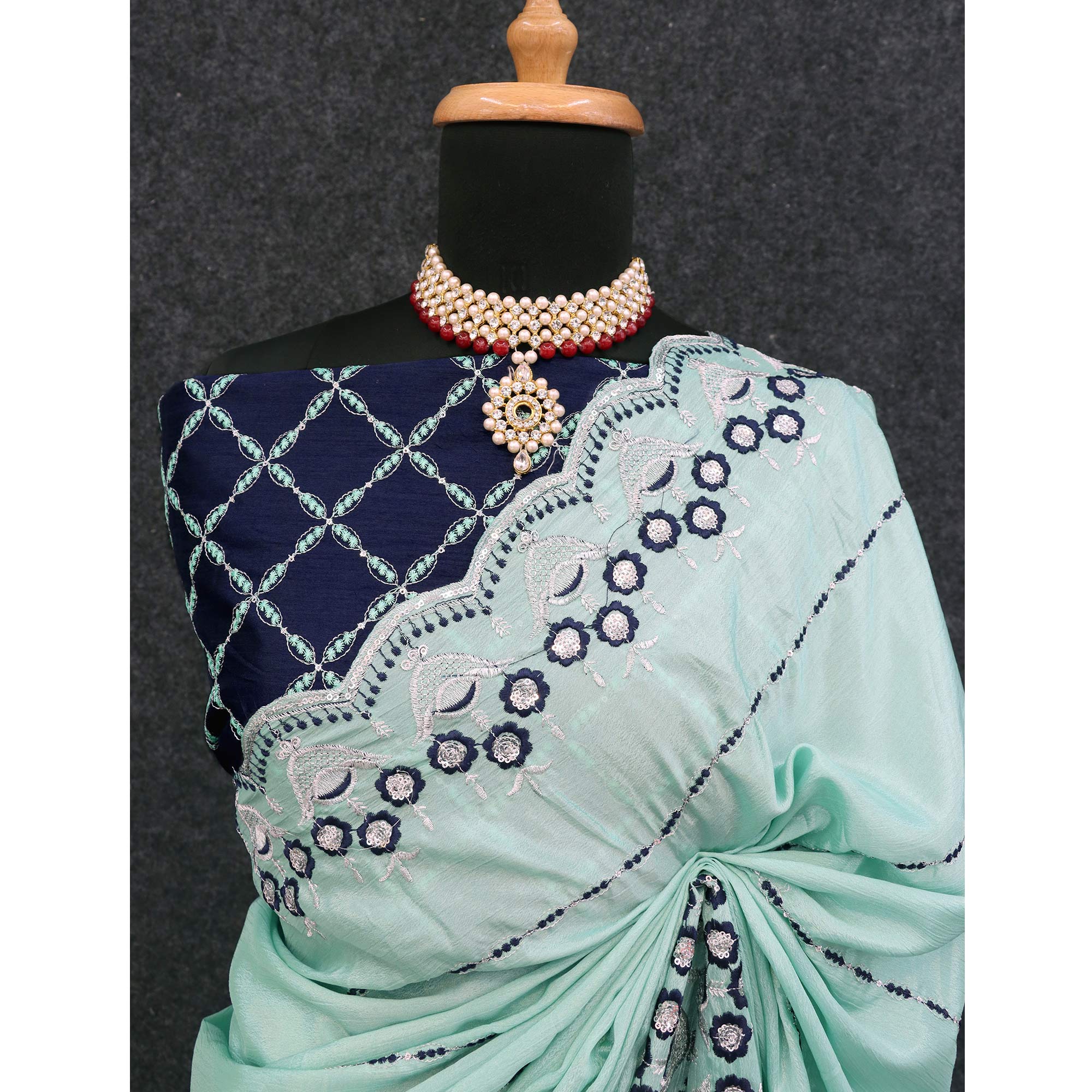 Turquoise Sequins Embroidered Chinon Saree