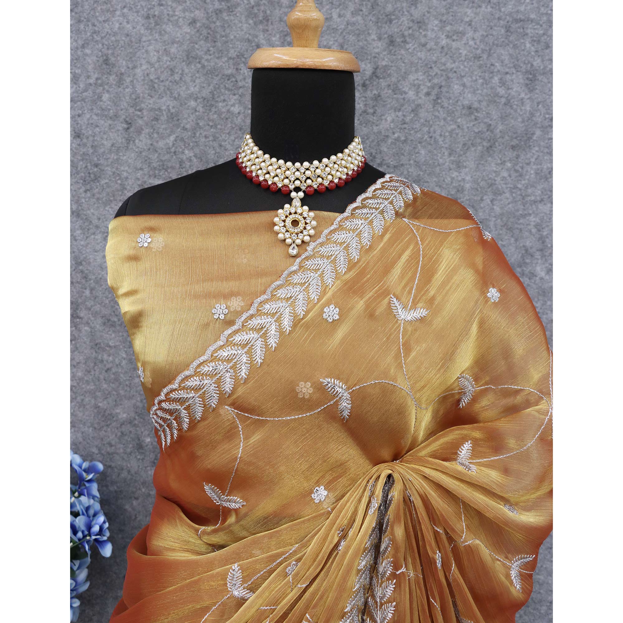 Golden Sequins Embroidered Chiffon Saree
